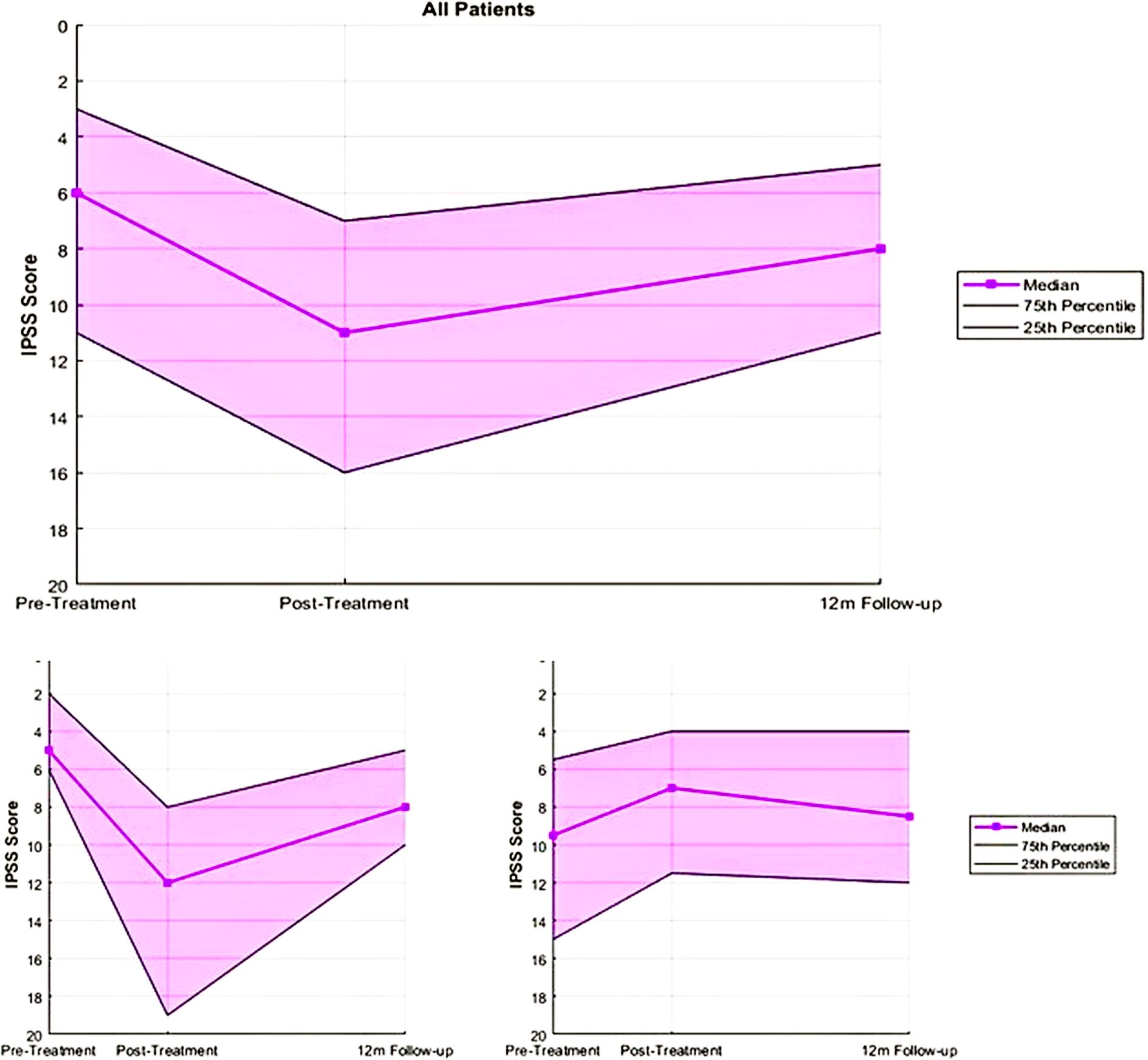 Line graphs display IPSS scores over time for patients. The main graph shows scores from pre-treatment, post-treatment, and twelve-month follow-up. Median scores with 25th and 75th percentiles are highlighted in purple. Two smaller graphs below present similar data for subgroups.
