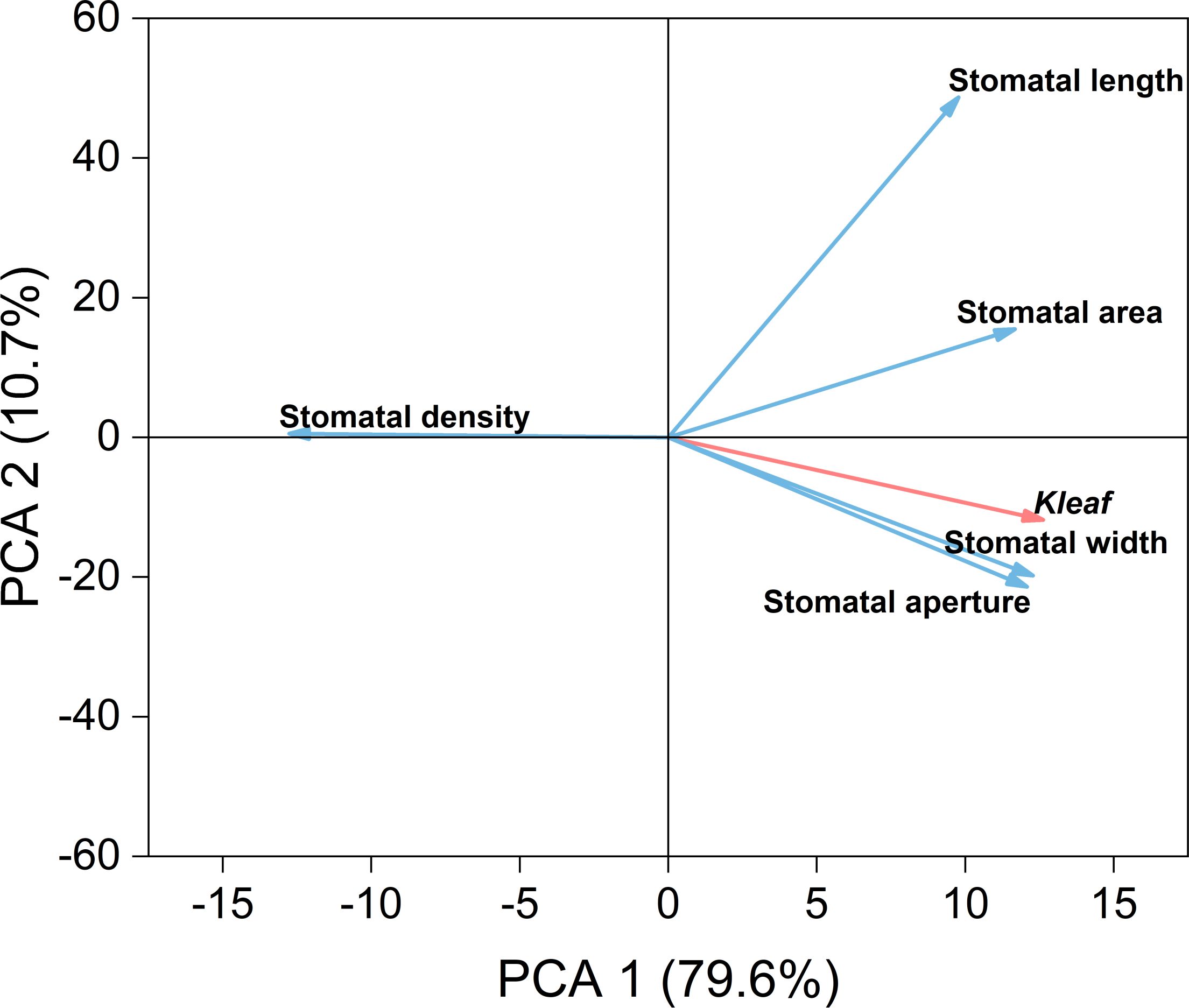 PCA biplot showing variables related to stomatal traits and Kleaf. PCA 1 explains 79.6% of the variance and PCA 2 explains 10.7%. Arrows represent stomatal density, length, area, width, aperture, and Kleaf.