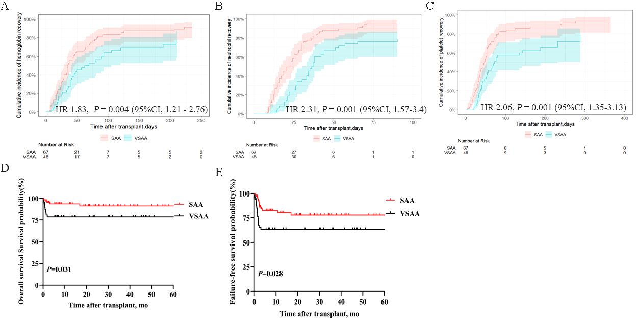 Graphs A, B, and C show cumulative incidences of hemoglobin, neutrophil, and platelet recovery after transplant, with significant differences between SAA and VSAA groups. Graphs D and E compare overall survival and failure-free survival probabilities between the groups, showing statistical significance with p-values of 0.031 and 0.028, respectively.