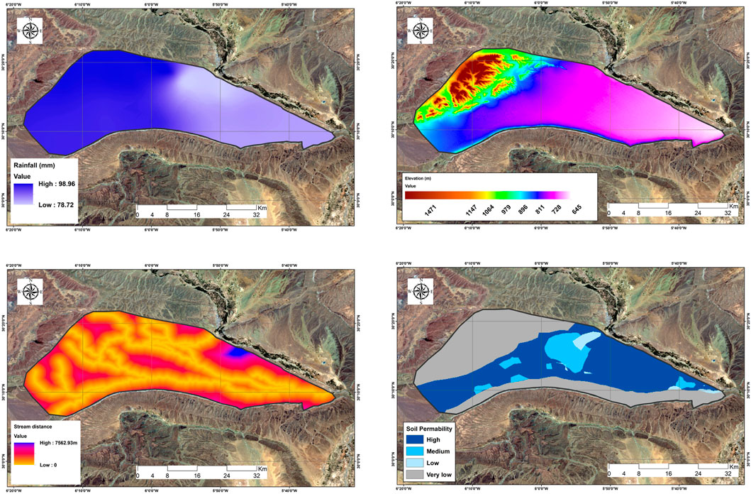 Top left map shows rainfall distribution with high values in dark blue and low in light purple. Top right map depicts elevation with a gradient from red (high) to pink (low). Bottom left map illustrates stream distance with high values in purple and low in red. Bottom right map presents soil permeability, ranging from high in dark blue to very low in gray. Each map is set over a satellite terrain image with scale bars and compass roses.