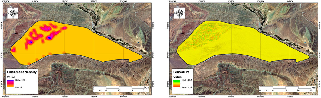 Two side-by-side maps showing lineament density and curvature in a region. The left map highlights areas of high lineament density in red. The right map displays curvature values with varying intensity, predominantly in green and yellow. Both maps include a compass and a scale in kilometers.