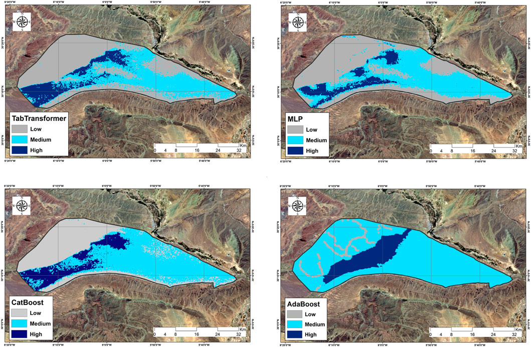 Four maps showing land classification using different machine learning models: TabTransformer, MLP, CatBoost, and AdaBoost. Each map uses color coding—gray for low, cyan for medium, and dark blue for high classification areas. Each map includes a scale bar and compass.