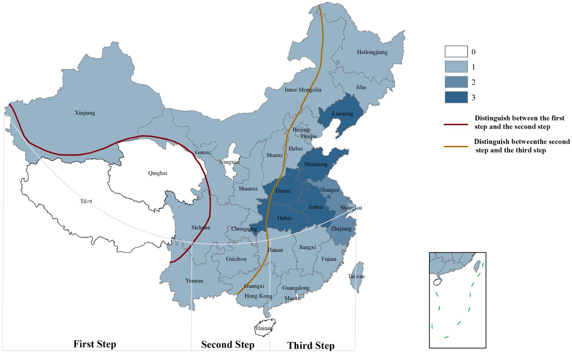Map of China showing terrain steps with regions shaded in different shades of blue. A legend indicates four categories, numbered zero to three. A red line divides the first and second steps, while a yellow line separates the second and third steps.