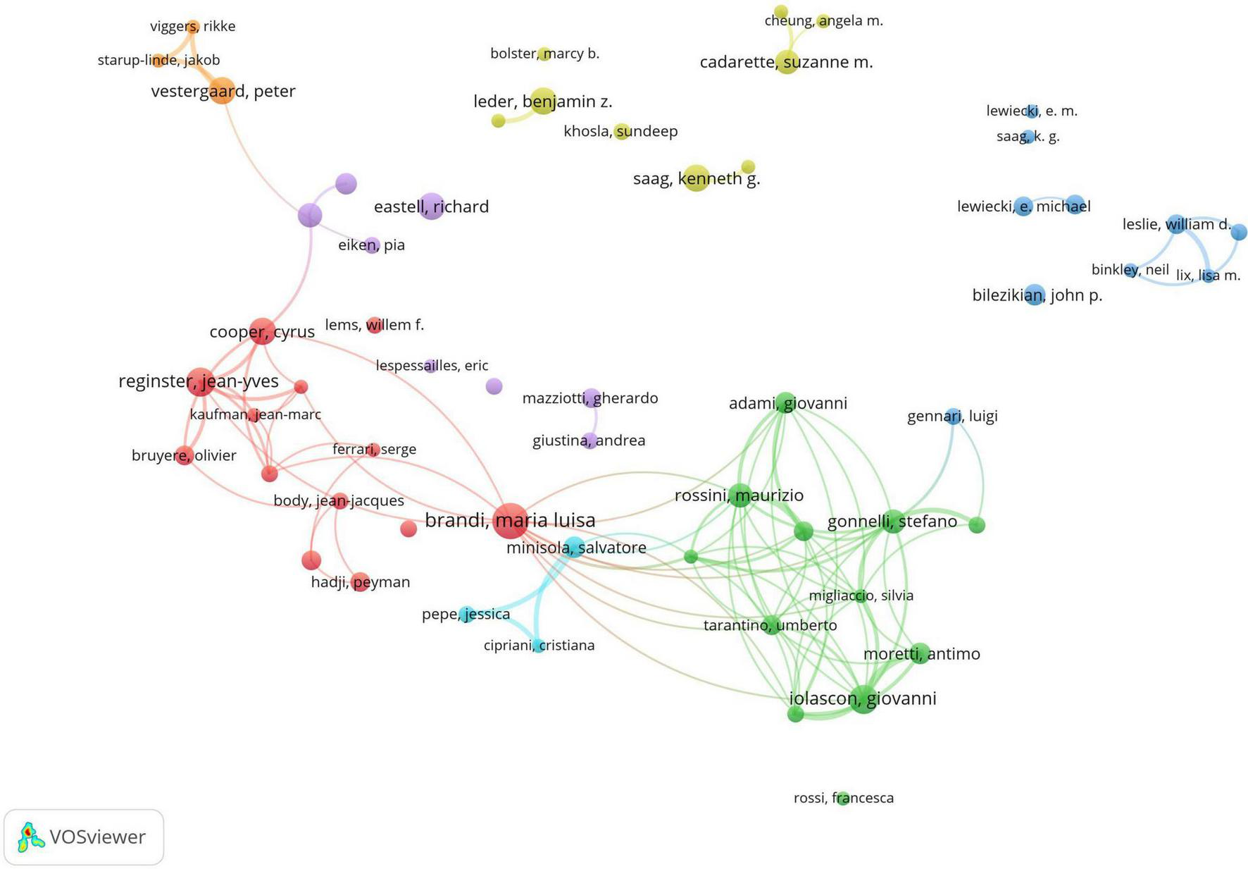 Network visualization showing clusters of interconnected nodes representing co-authorship or collaboration. Nodes are labeled with names and colored to indicate different groups or clusters, with connecting lines denoting relationships. Prominent clusters include green, red, and blue groups, indicating varying degrees of collaboration among individuals.