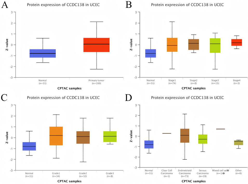 Box plots showing protein expression of CCDC138 in UCEC across different categories. (A) Normal vs. primary tumor samples. (B) Expression in different cancer stages. (C) Expression across tumor grades. (D) Expression in various carcinoma subtypes. Z-values are plotted on the y-axis, indicating expression levels, with sample sizes provided for each category.