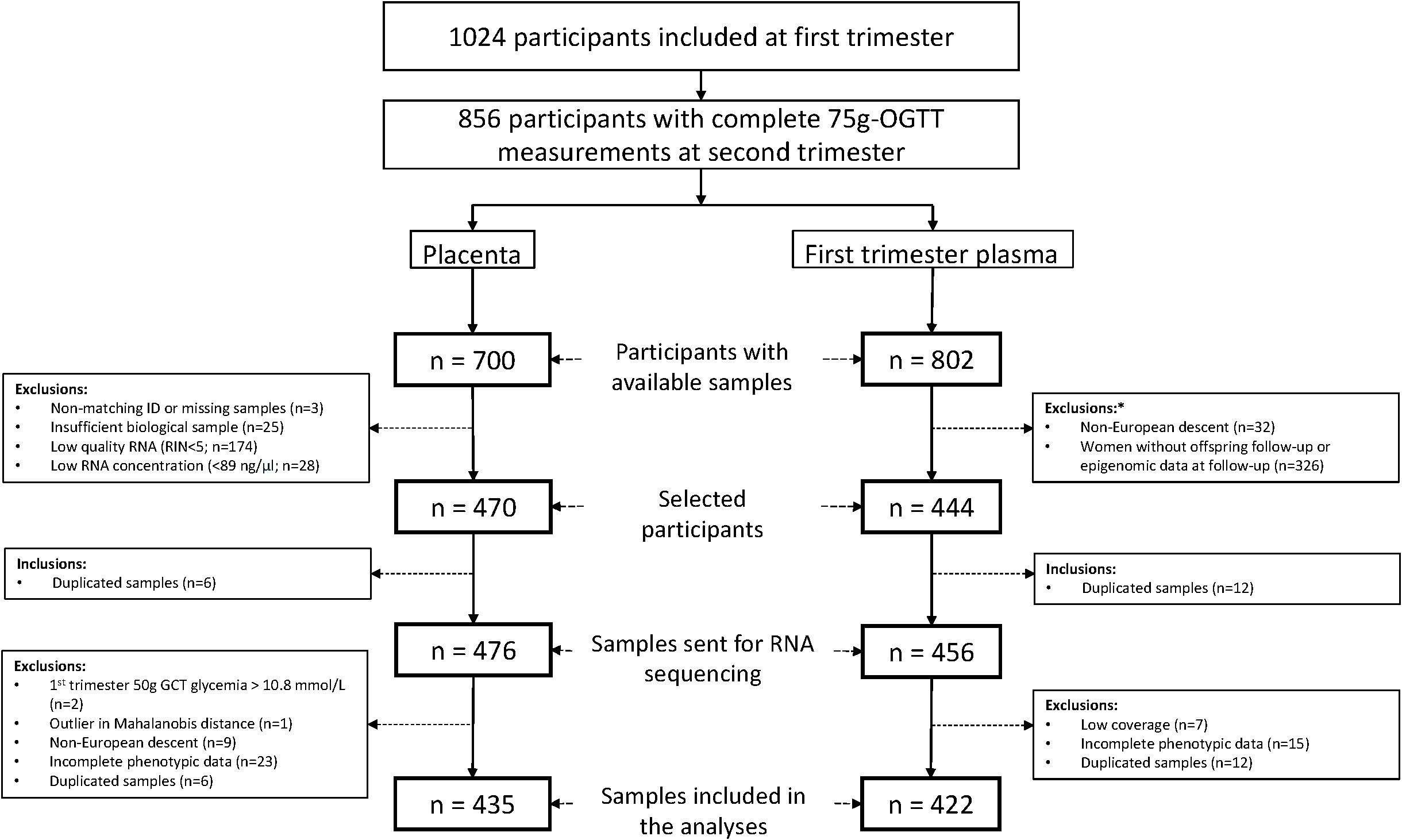 Flowchart illustrating participant selection and exclusions for a study. Initially, 1,024 participants were included in the first trimester, reduced to 856 with complete OGTT measurements in the second trimester. For placenta samples, 700 were available, with exclusions for non-matching IDs, insufficient samples, low-quality and low concentration RNA, among others, leaving 435 for analysis. For first trimester plasma, 802 samples were available, with exclusions for non-European descent and missing follow-up data, among others, resulting in 422 for analysis. The flowchart details specific exclusions and inclusions at each stage.