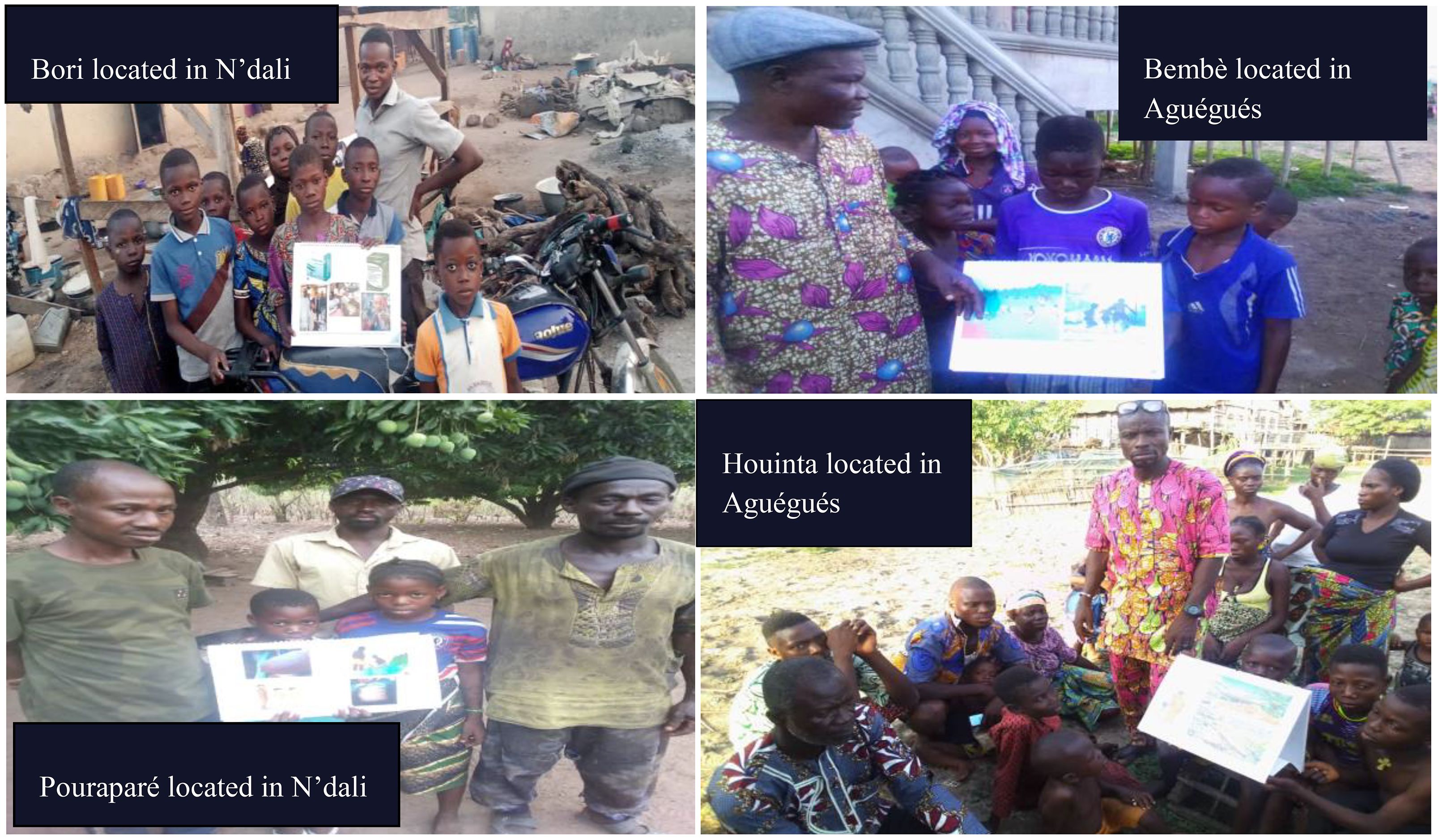 Four photographs of different groups of people holding posters. Top left: Group in Bori in the district of N’dali. Top right: Group in Bembè in the district, Aguégués. Bottom left: Group in Bembè in the district Aguégués. Bottom left: Group in Pourapare in the district of N’dali. Bottom right: Group in Houinta in the district Aguégués.