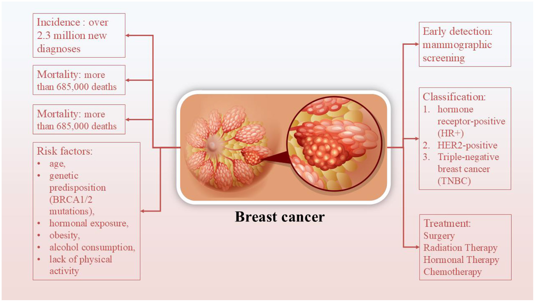 Breast cancer illustration showing a cross-section of breast tissue with highlighted cancer cells. Text boxes list details: incidence of over 2.3 million diagnoses, mortality over 685,000 deaths, and risk factors including age, genetic predisposition, hormonal exposure, obesity, alcohol consumption, and lack of physical activity. Early detection via mammographic screening and classifications: hormone receptor-positive, HER2-positive, and triple-negative breast cancer. Treatment options include surgery, radiation therapy, hormonal therapy, and chemotherapy.