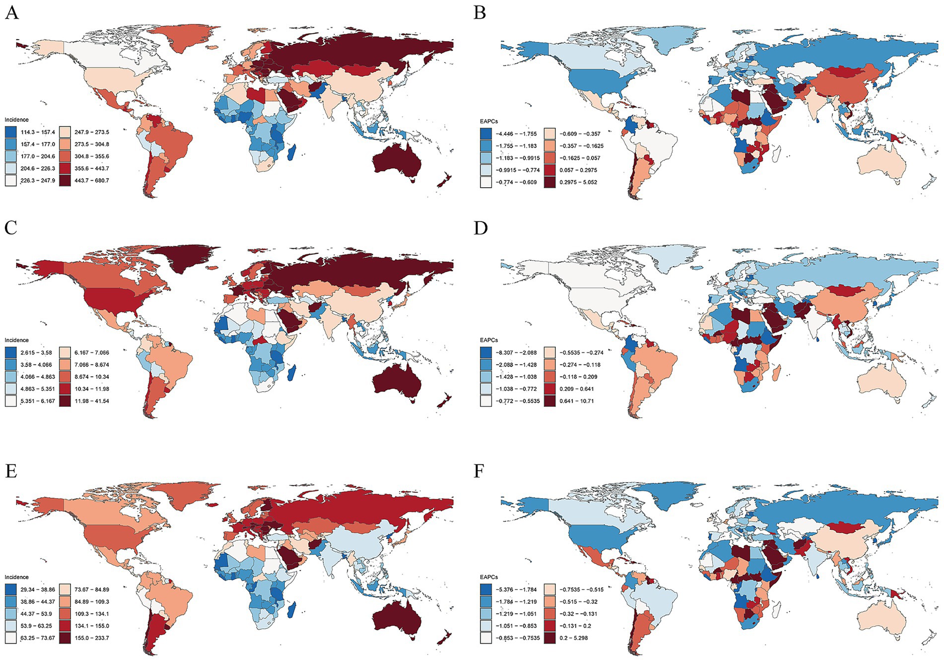 World maps showing color-coded data on cancer incidence (left) and estimated annual percentage change (right) for different regions. Each panel (A-F) displays varying intensities and patterns, indicating differences in cancer prevalence and trends. Legends accompany each map, detailing ranges in incidence rates and percentage changes. Maps illustrate variations across regions, highlighting contrasts between continents.