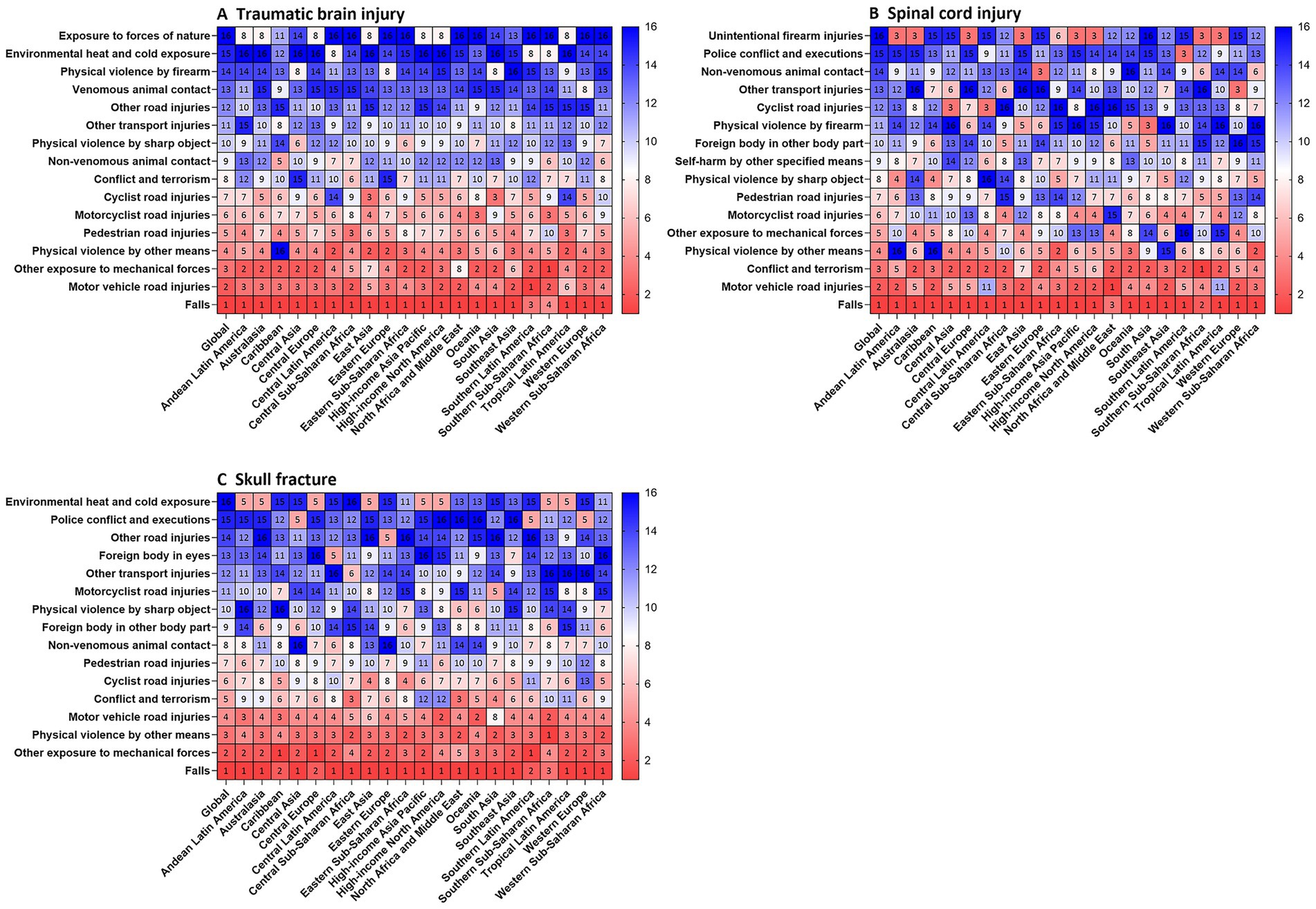 Three heat maps depict the risk of injuries by region and cause. Chart A shows traumatic brain injury, Chart B spinal cord injury, and Chart C skull fracture. Each map uses a color gradient from blue (high risk) to red (low risk) to represent various causes such as road injuries, falls, and violence. Regional labels are located on the horizontal axis, while injury causes are on the vertical axis. Numerical values within the grids indicate the magnitude of risk, with notable differences across regions and injury types.