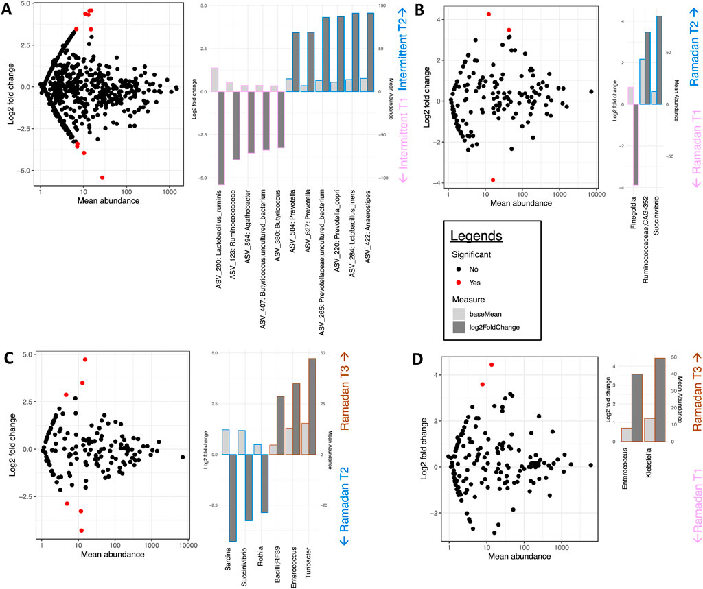 Four panels labeled A, B, C, and D display different scatter plots and bar charts. Each scatter plot shows mean abundance versus log2 fold change with significant points in red. Adjacent bar charts highlight ASVs and log2 fold changes for various taxa. A legend indicates significance and measurement types. Arrows and labels specify comparisons between different time points or conditions: Intermittent T1, Intermittent T2, Ramadan T1, T2, and T3.
