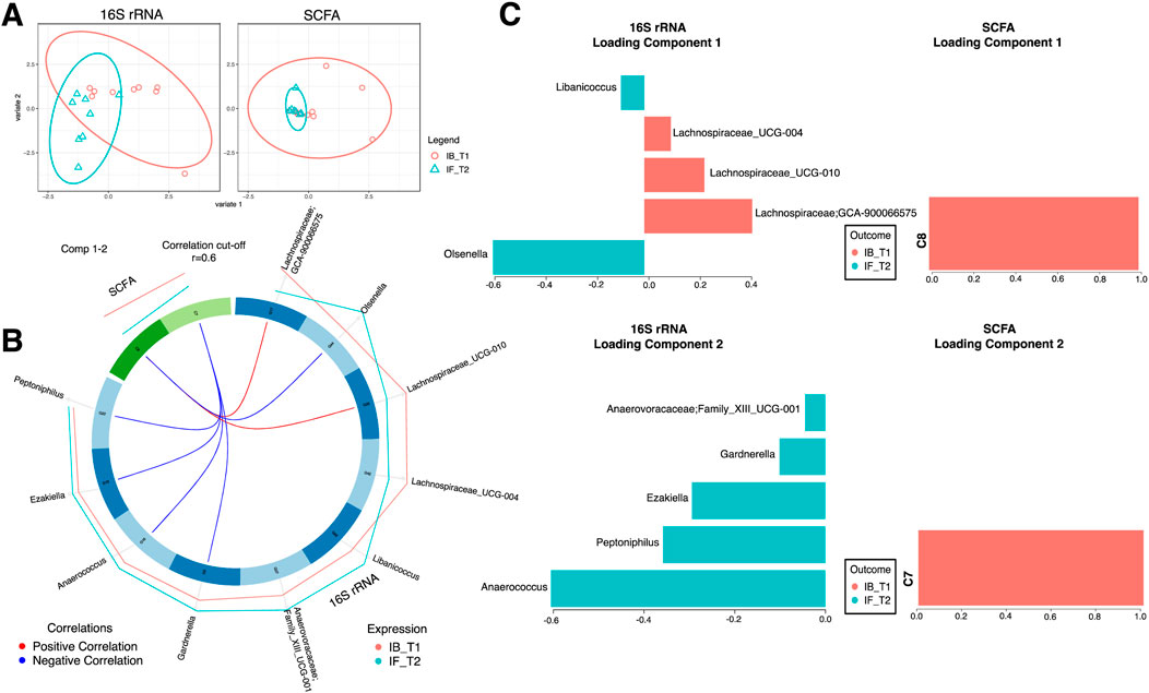 Comparison of microbiome and SCFA data in charts. Panel A: Scatter plots of 16S rRNA and SCFA data with color-coded groupings. Panel B: Circular plot showing correlations between specific bacteria and SCFA, with positive (red) and negative (blue) lines. Panel C: Bar charts of loading components for 16S rRNA and SCFA data, color-coded by group outcomes.
