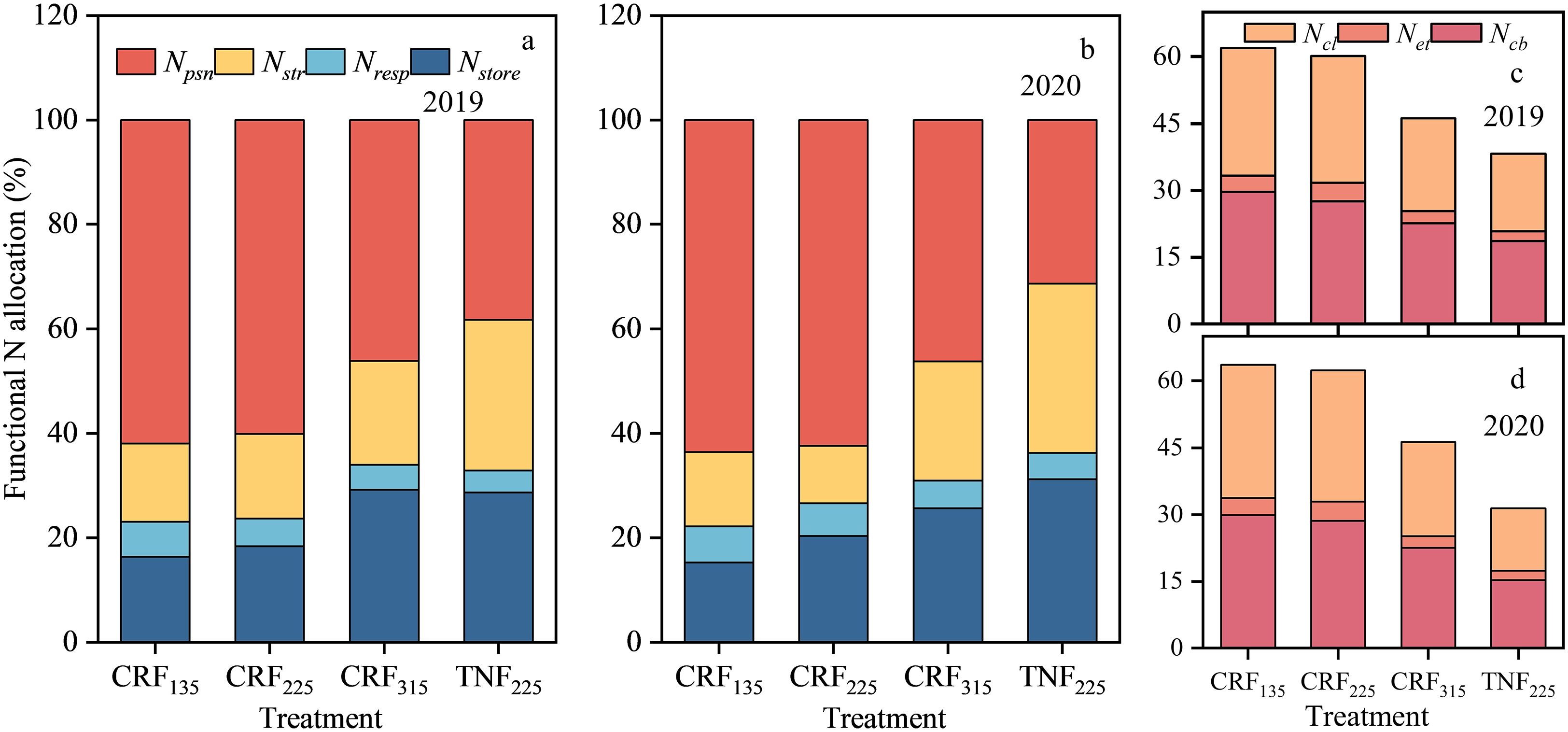 Bar charts illustrate functional nitrogen allocation percentages for different treatments in 2019 and 2020. Left panels (a, b) show allocations of \(N_{psn}\), \(N_{str}\), \(N_{resp}\), and \(N_{store}\). Right panels (c, d) depict concentrations of \(N_{cl}\), \(N_{et}\), and \(N_{cb}\). Charts compare treatments CRF135, CRF225, CRF315, and TNF225.