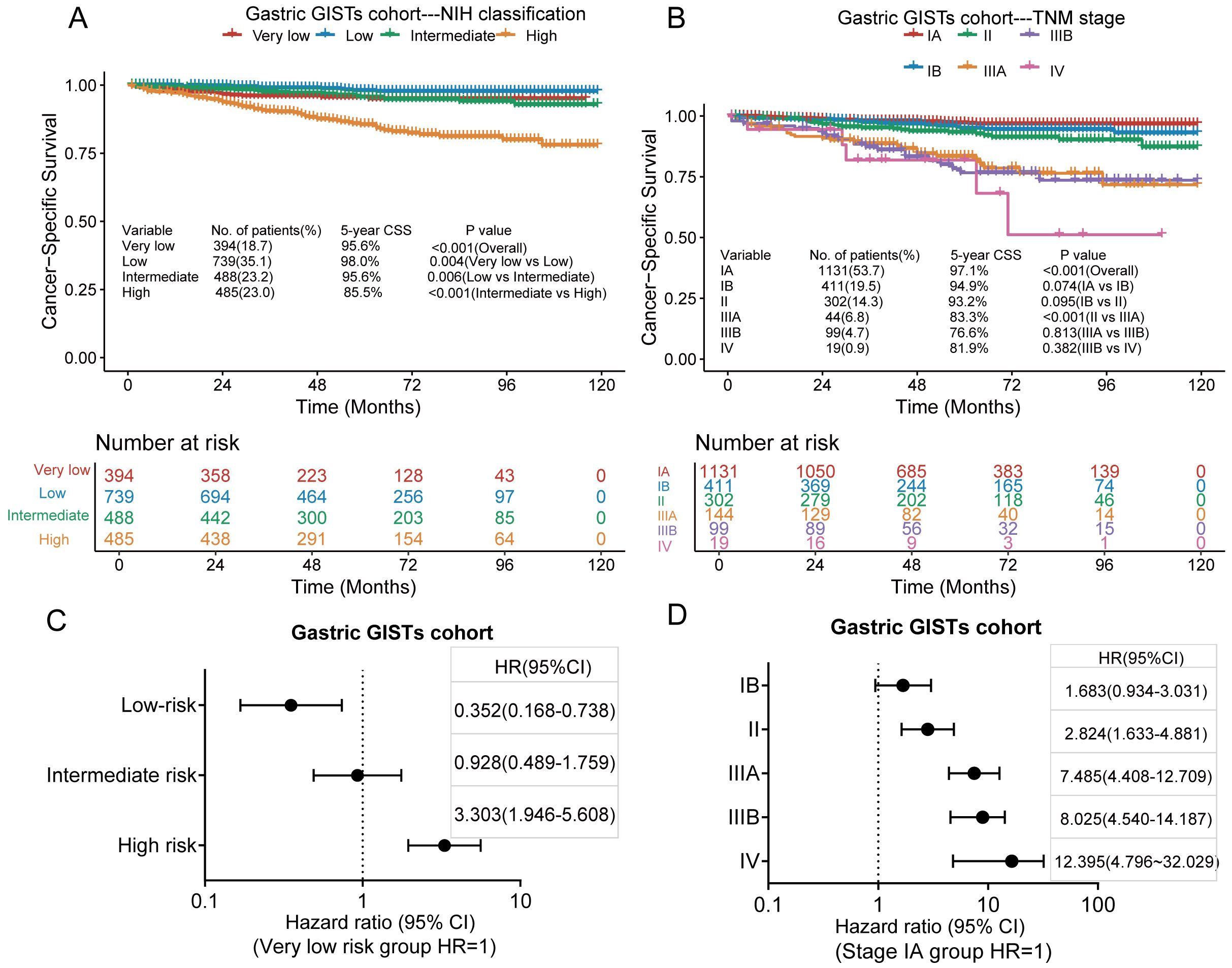 Chart with four panels analyzing gastric GISTs. Panel A shows cancer-specific survival against NIH classification risk levels. Panel B shows survival by TNM stages. Panels C and D are forest plots detailing hazard ratios for risk groups compared to very low risk (C) and stage IA (D). Panel A and B plots include number at risk tables.
