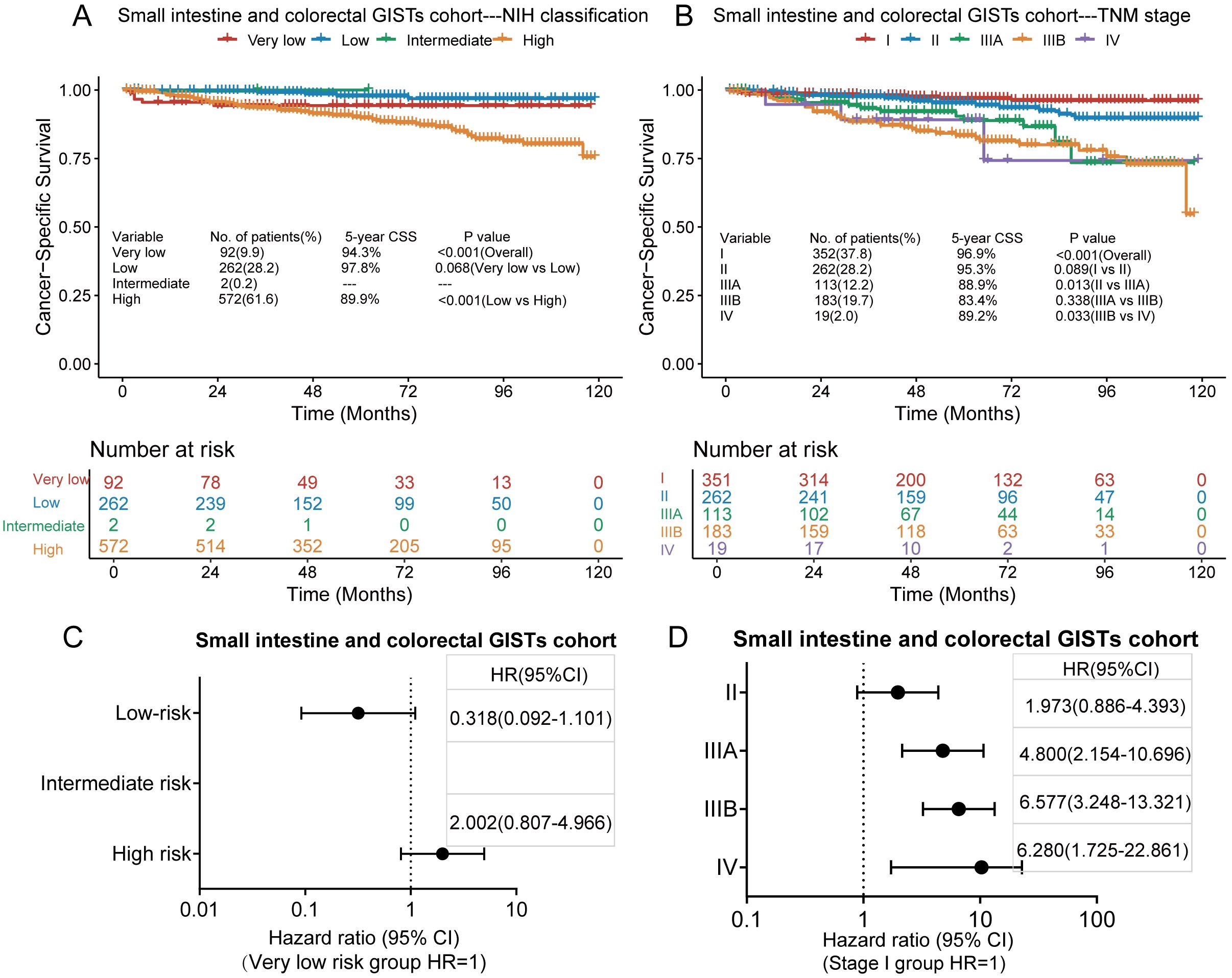 Kaplan-Meier survival curves and hazard ratios for small intestine and colorectal GISTs cohorts. Graph A shows survival based on NIH classification, illustrating very low to high risk groups. Graph B shows survival by TNM stage, from I to IV. Both graphs include the number of patients at risk over time. Graph C presents hazard ratios for risk groups, using very low risk as a reference. Graph D presents hazard ratios for TNM stages, using stage I as a reference. Each curve or point is color-coded and accompanied by percentages, confidence intervals, and p-values.