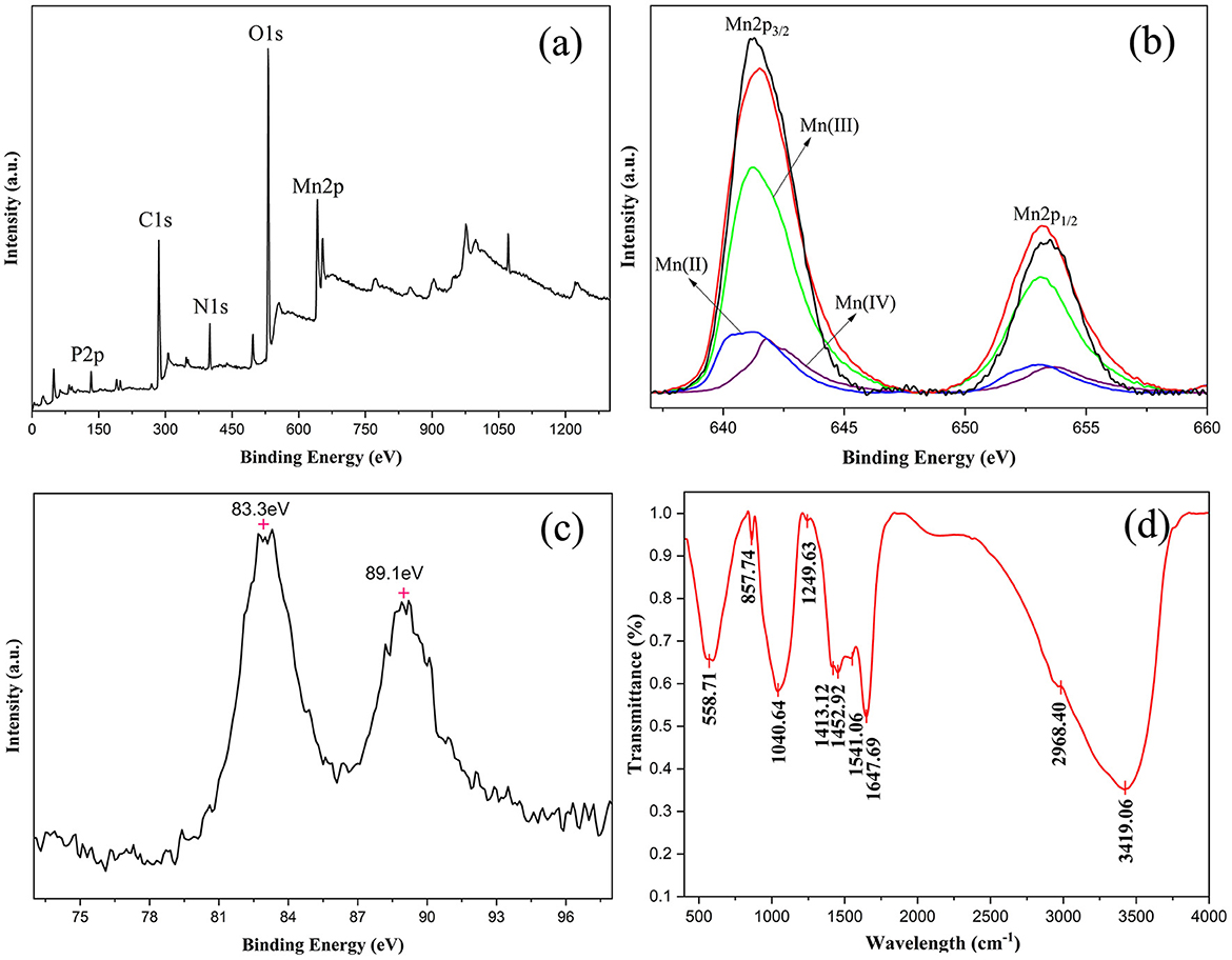 Four panels showing different spectra analyses: (a) XPS spectrum with peaks labeled for P2p, C1s, N1s, O1s, Mn2p; (b) Mn2p spectrum with deconvoluted peaks for Mn(II), Mn(III), Mn(IV); (c) XPS spectrum with peaks at 83.3 eV and 89.1 eV; (d) FTIR spectrum with transmittance peaks at various wavelengths, including 558.71 cm-1, 1040.64 cm-1, 3419.06 cm-1.