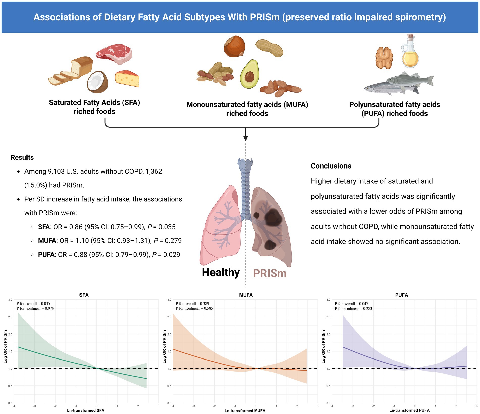 Associations of dietary fatty acid subtypes with PRISm (preserved ratio impaired spirometry) are illustrated. Saturated fat, monounsaturated fat, and polyunsaturated fat rich foods are shown with a diagram of lungs labeled “Healthy” and “PRISm”. Results indicate a significant association between higher saturated and polyunsaturated fat intake with lower odds of PRISm among adults without COPD, while monounsaturated fat shows no significant association. Three graphs display the log odds ratio of PRISm against standardized intakes of each fat type, with confidence intervals and p-values noted.
