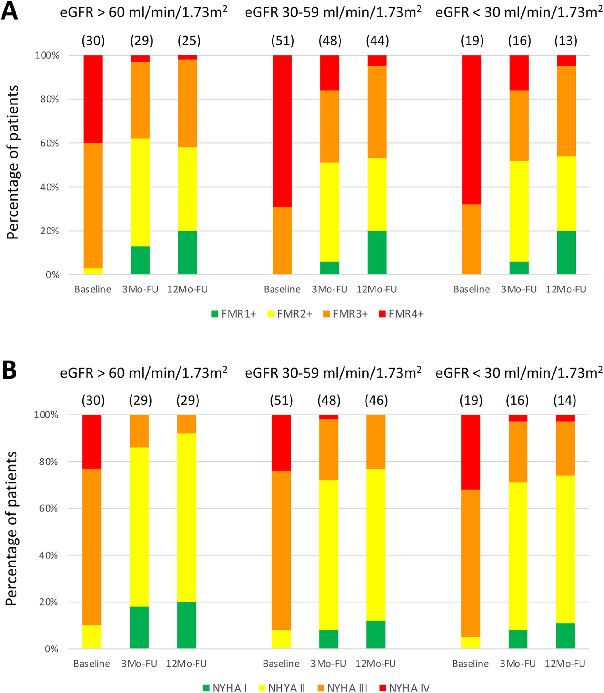 Bar charts labeled A and B display percentages of eGFR categories over time. Chart A uses colors for FMR1+ to FMR4+, while chart B uses colors for NYHA I to NYHA IV. Both charts show changes at Baseline, 3 months follow-up, and 12 months follow-up for eGFR groups: above 60, 30-59, and below 30 ml/min/1.73m².