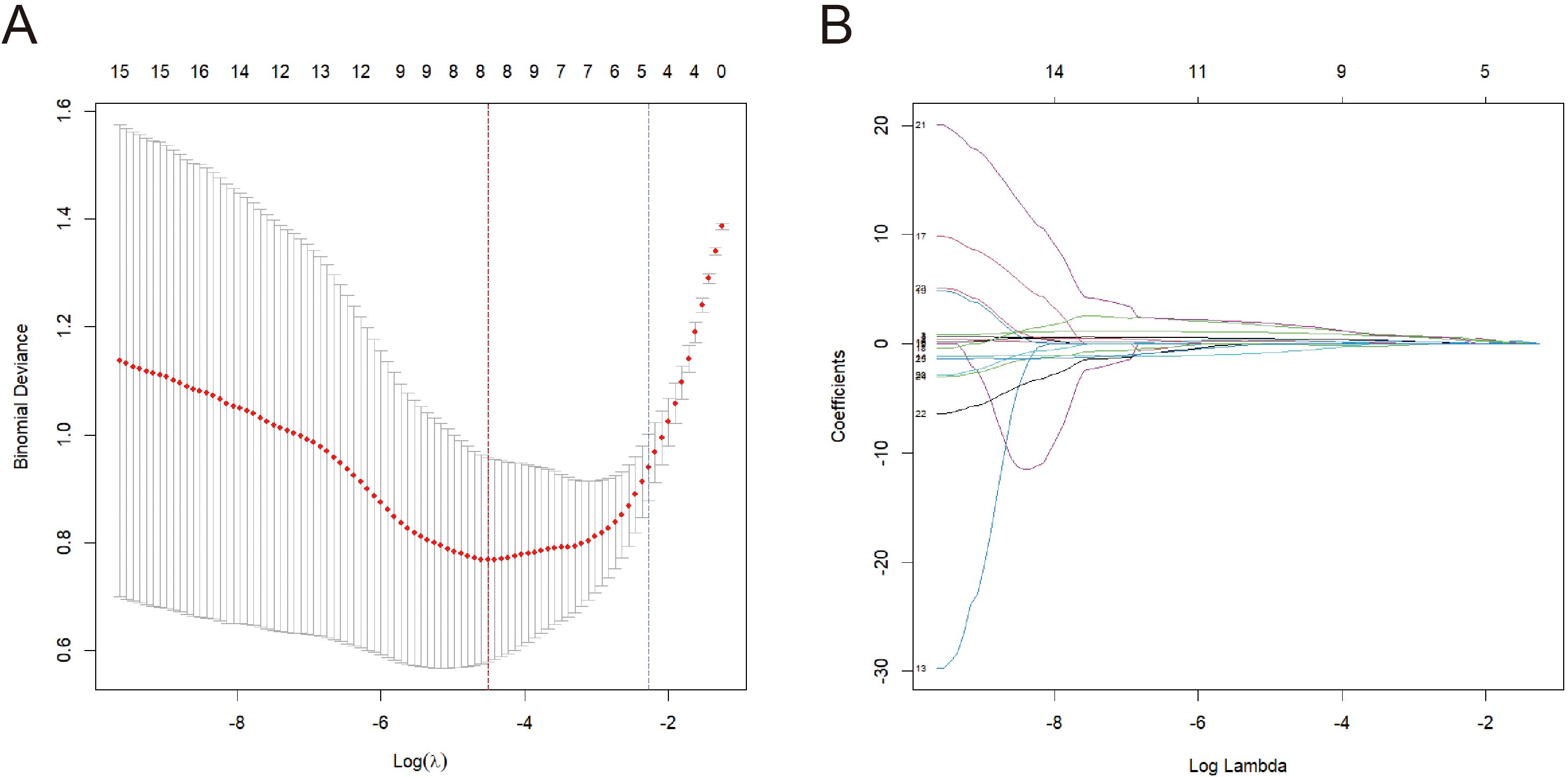 Panel A shows a line graph of binomial deviance versus log lambda, with a U-shaped curve and error bars. Panel B displays a coefficient path plot, illustrating how coefficients change over log lambda, with multiple colored lines converging to zero.