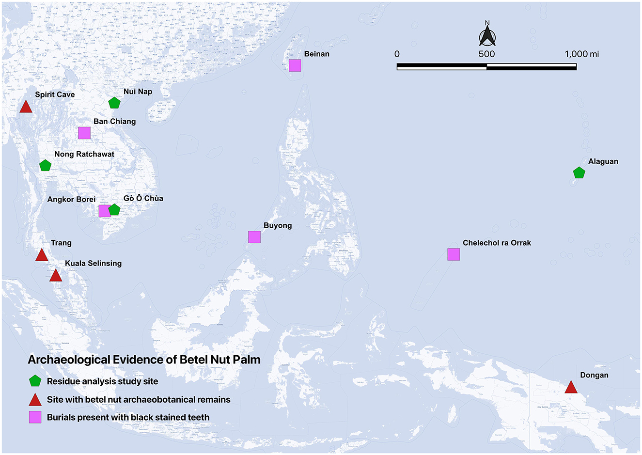Map showing archaeological evidence of the Betel Nut Palm in Southeast Asia. Green pentagons indicate residue analysis study sites, red triangles show sites with archaeobotanical remains, and pink squares mark burials with black stained teeth. Notable locations include Spirit Cave, Ban Chiang, and Kuala Selinsing. A scale bar shows distances of zero to one thousand kilometers.