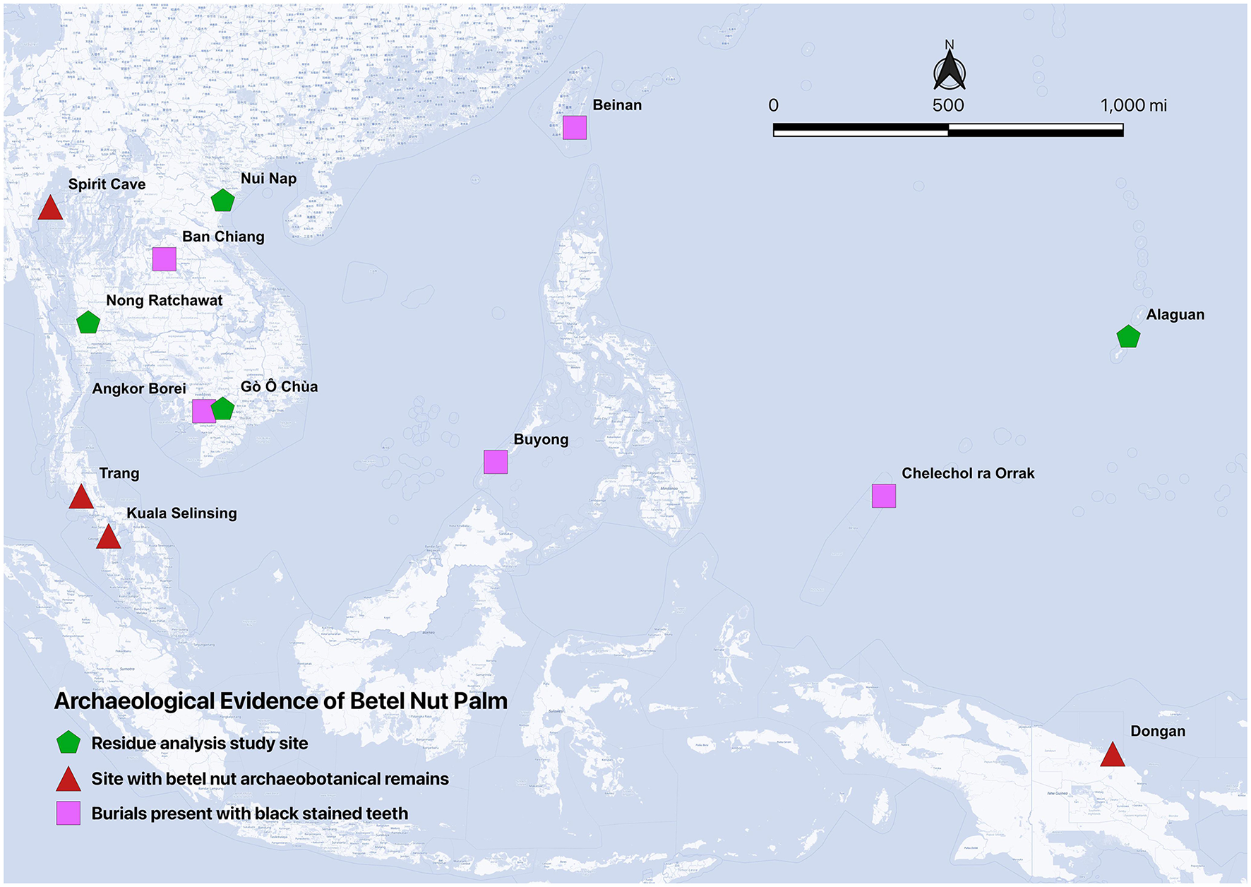 Map showing archaeological evidence of the Betel Nut Palm in Southeast Asia. Green pentagons indicate residue analysis study sites, red triangles show sites with archaeobotanical remains, and pink squares mark burials with black stained teeth. Notable locations include Spirit Cave, Ban Chiang, and Kuala Selinsing. A scale bar shows distances of zero to one thousand kilometers.