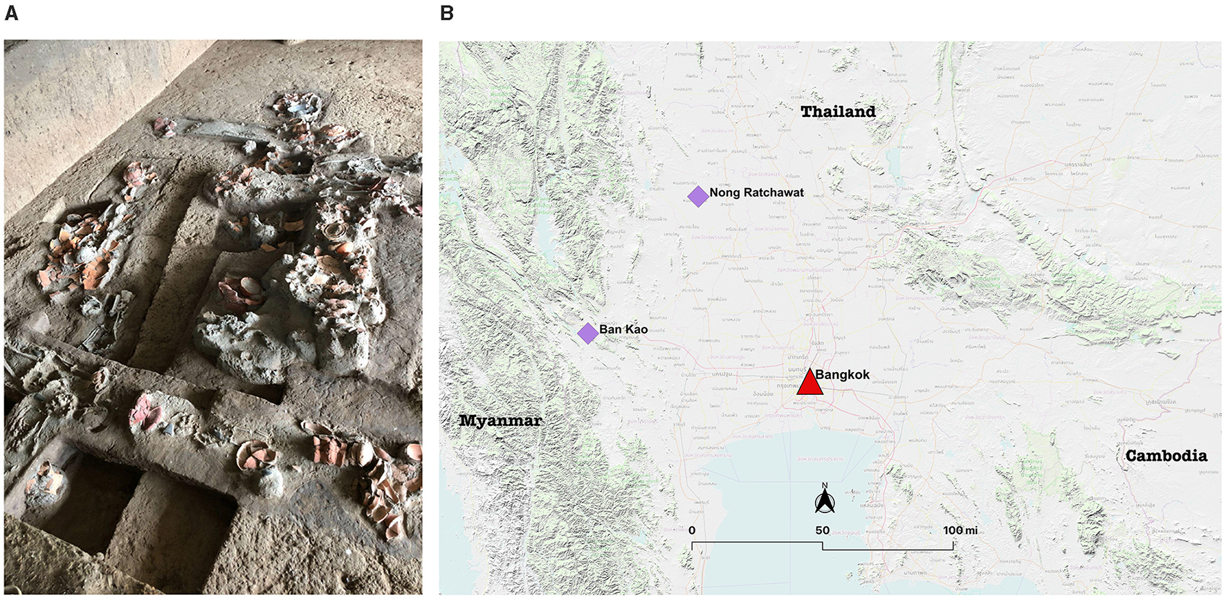 Panel A shows an archaeological site with numerous pottery shards and remains embedded in the ground. Panel B displays a map highlighting parts of Southeast Asia, including Thailand, Myanmar, and Cambodia, with marked sites such as Nong Ratchawat, Ban Kao Archaeological Site, and Bangkok.