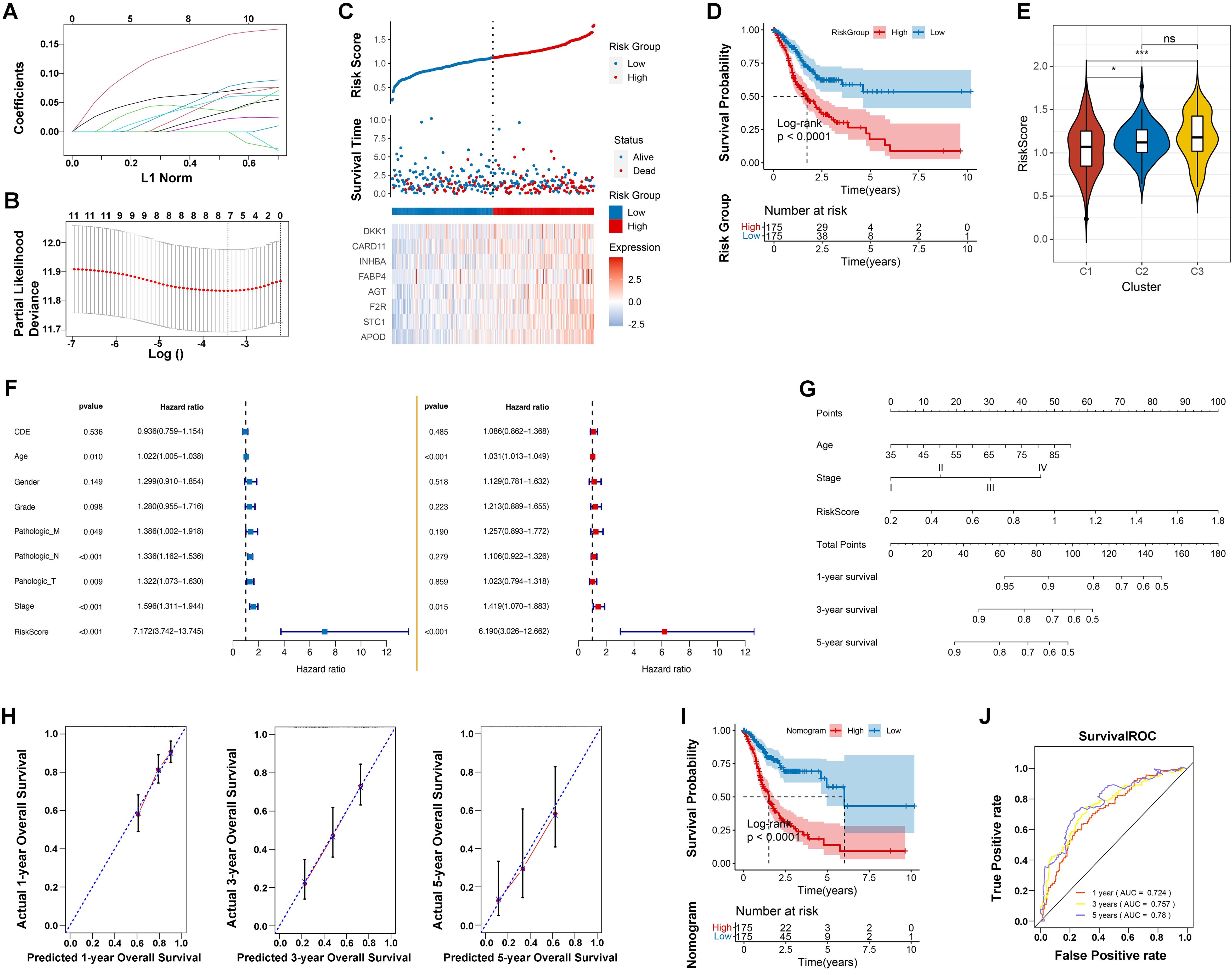 A grid of medical data visualizations: A) Line plot showing coefficients versus L1 norm for variable selection. B) Partial likelihood deviance plot versus log lambda for model tuning. C) Risk score and survival data, with a heatmap of gene expression. D) Kaplan-Meier curves for survival probability by risk group. E) Violin plot of risk scores across clusters. F) Forest plots displaying hazard ratios for various factors. G) Nomogram for survival prediction including age, stage, and risk score. H) Calibration plots for predicted versus actual survival at 1, 3, and 5 years. I) Another Kaplan-Meier curve using a nomogram. J) ROC curve indicating model performance with AUC values.