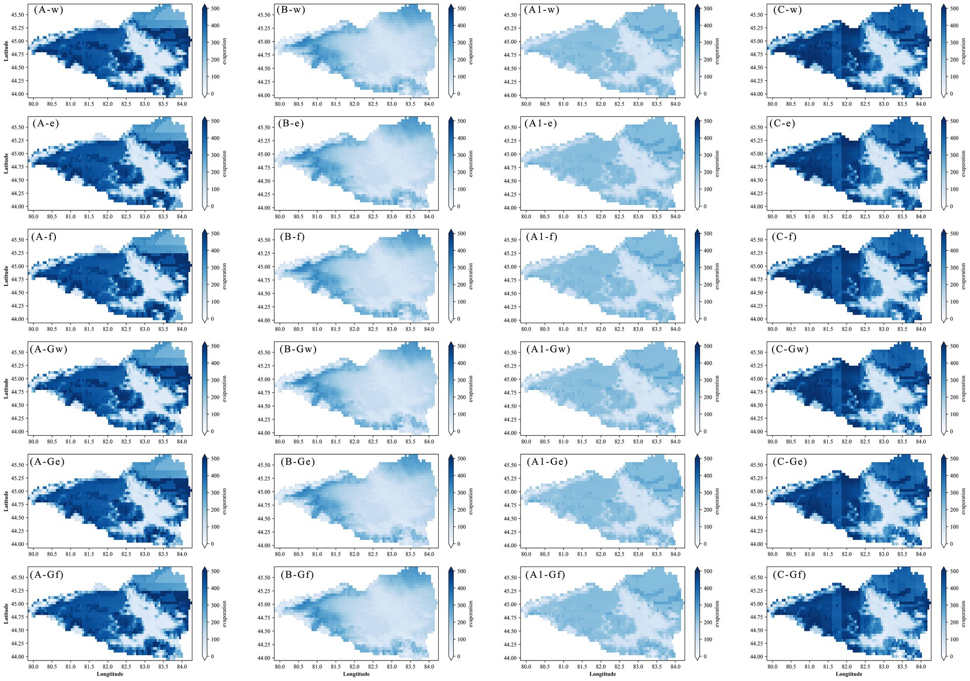 Grid of twelve regional maps displaying regression data over geographical coordinates. Each map has varying shades of blue, indicating different regression values ranging from 0 to 500. Labels such as (A-w), (B-e), and (C-Gf) identify each map, showing differences across conditions or areas.