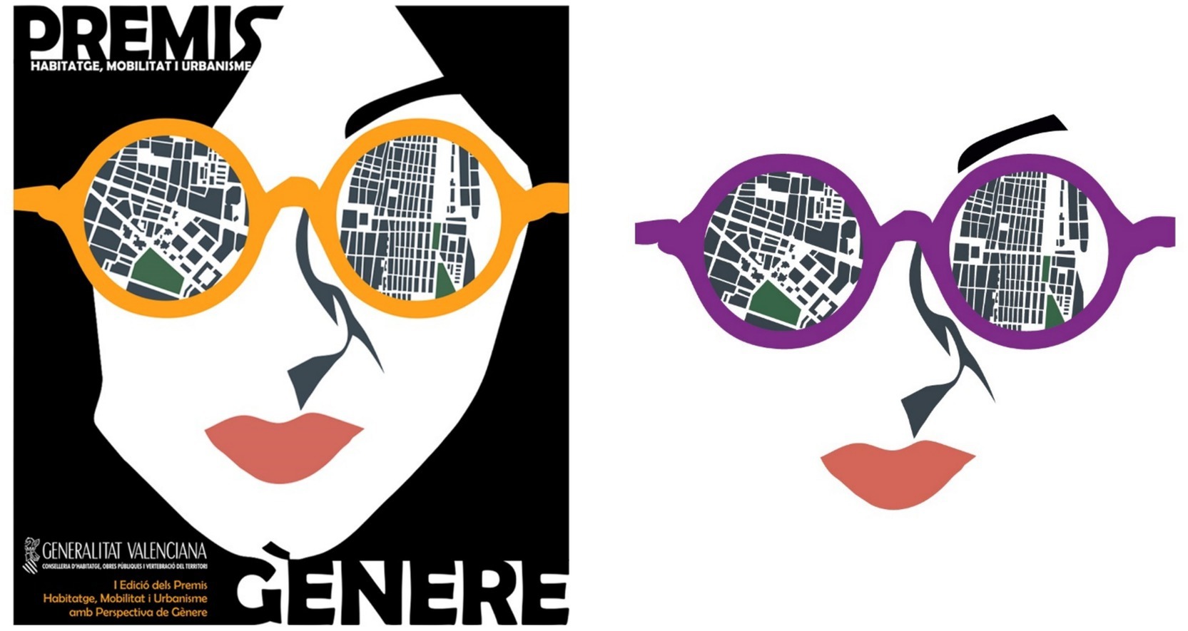 Stylized illustration of a woman's face wearing round glasses. The glasses' lenses show a city map with streets and a green park. The left side has orange frames and text mentioning the Premis Habitatge, Mobilitat i Urbanisme with a gender perspective. The right side has purple frames. The design is minimalist with emphasis on the map within the lenses.