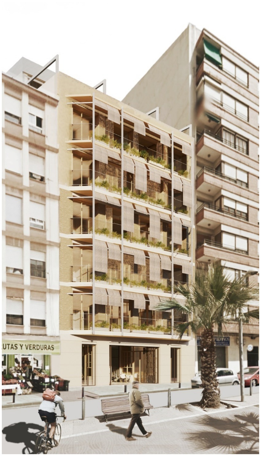 A modern six-story building with balconies featuring greenery and bamboo screens. It is situated between two older apartment buildings. A cyclist and a pedestrian are on the street below, next to a palm tree.