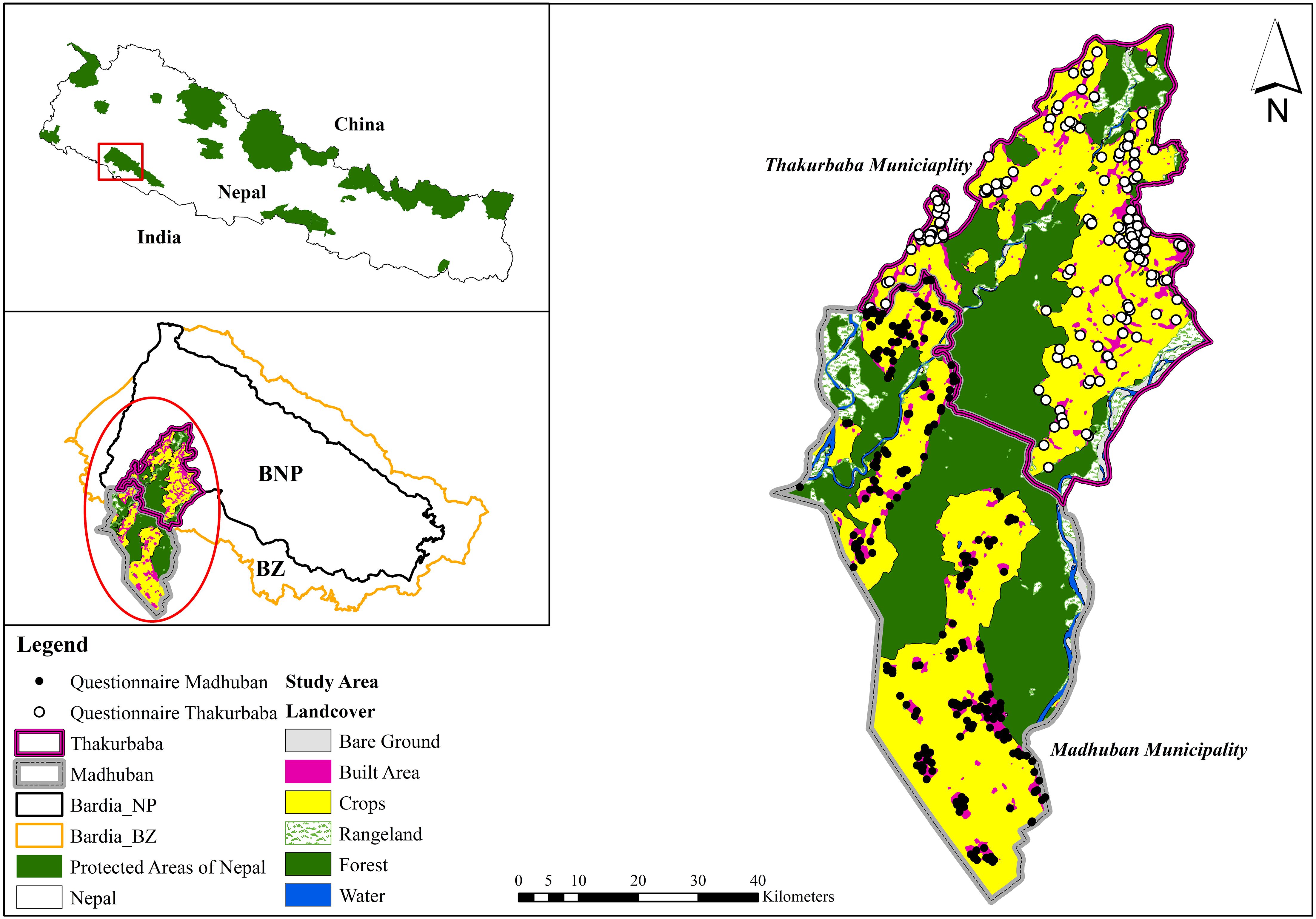 Map illustrating land cover and study areas in Thakurbaba and Madhuban Municipalities, Nepal, with features such as forests, crops, and water. Symbols indicate questionnaire locations. Insets show regional context in Nepal and surrounding protected areas. A legend clarifies land cover types and boundaries.