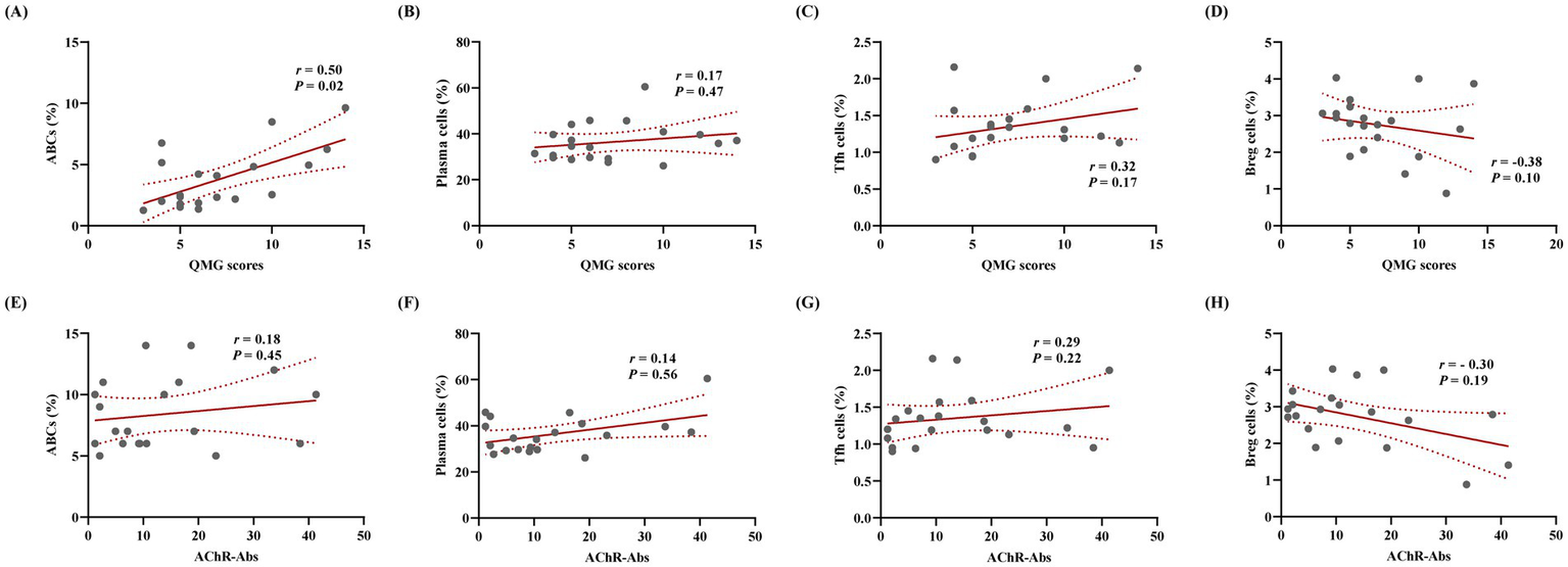 Scatter plots (A-H) display correlations between QMG scores or AChR-Abs and various cell types: ABCs, plasma cells, Tfn cells, and Breg cells. Each subplot includes a line of best fit with correlation coefficients (r) and p-values. Plots A and E show the strongest correlations, while subplot D shows a negative correlation.