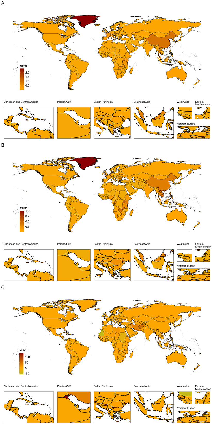 World maps highlighting age-standardized mortality rates (ASMR) and average annual percent change (AAPC) in rates for different regions. Panel A depicts ASMR from 0.5 to 2.0, with the highest values in northern regions. Panel B shows ASMR from 0.3 to 1.2, also highest in northern regions. Panel C illustrates AAPC from -50 to 100, with varying rates across regions. Insets provide detailed views of the Caribbean, Persian Gulf, Balkan Peninsula, Southeast Asia, West Africa, Eastern Mediterranean, and Northern Europe.