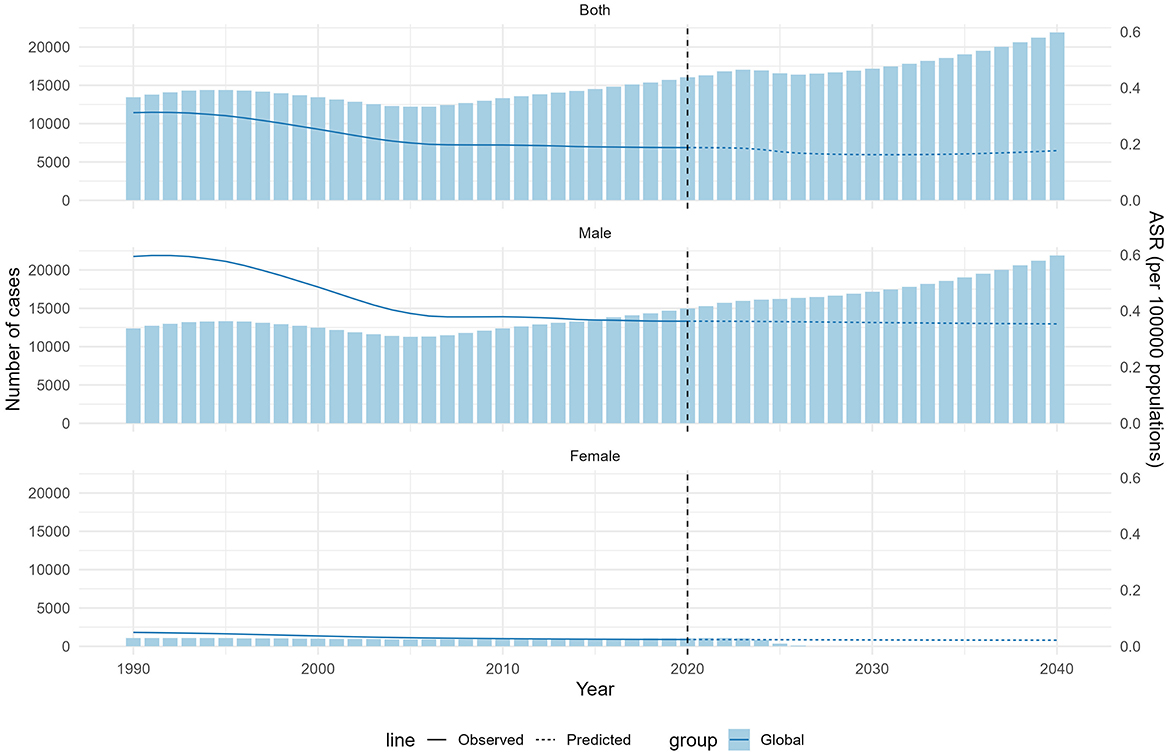 Three bar graphs display the observed and predicted cases of a condition from 1990 to 2040, separated by gender. The top graph, labeled “Both,” shows a U-shaped trend, with cases decreasing until 2020, then increasing. The “Male” graph follows a similar pattern with a slight decrease before rising post-2020. The “Female” graph shows minimal changes, with consistently low case numbers. Dotted lines represent predictions, and blue bars indicate global data. Vertical axis shows the number of cases, and the horizontal axis shows the year.
