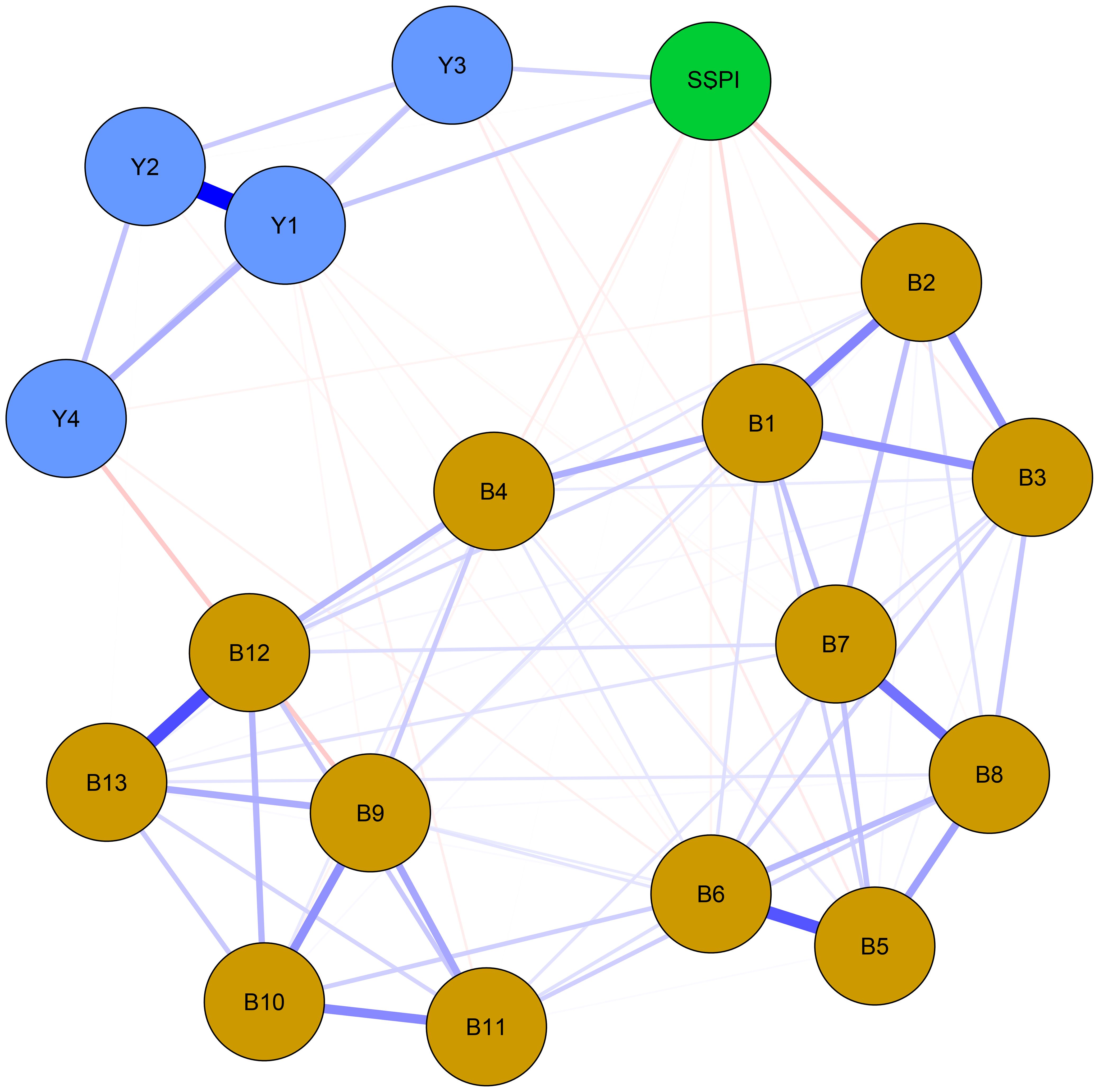Network diagram with nodes labeled Y1 to Y4 in blue, B1 to B13 in yellow, and SSPI in green. Arrows and lines indicate connections between nodes, showing relationships within the network.