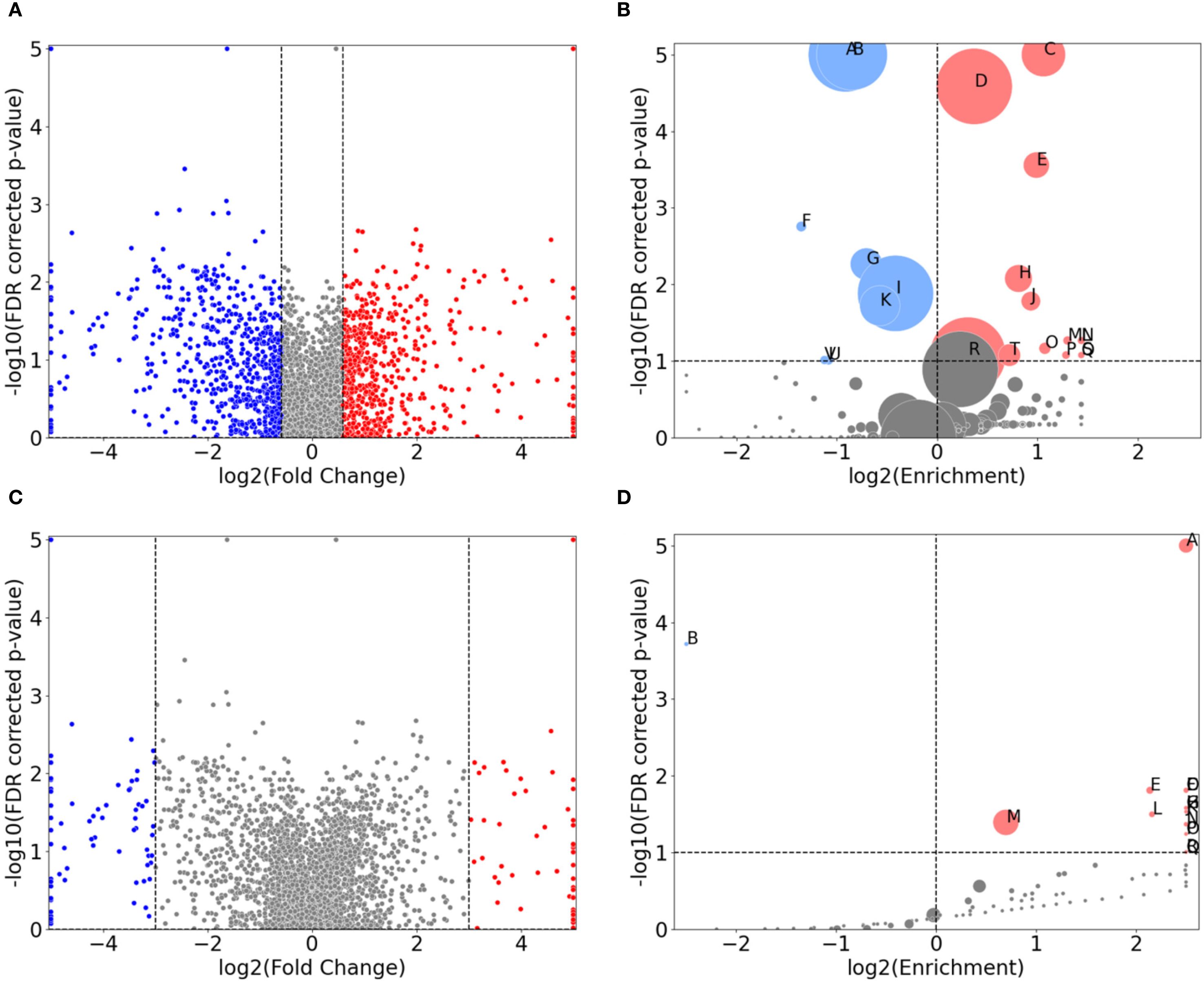 Four scatter plots labeled A, B, C, and D depict data analysis results. Plots A and C show log2 fold change versus minus log10 false discovery rate corrected p-value, with points in blue, grey, and red. Plots B and D display log2 enrichment versus minus log10 FDR corrected p-value, with colored bubbles representing different data sets. Each plot highlights significant data points, with red and blue indicating significance. Dotted lines mark thresholds on axes.