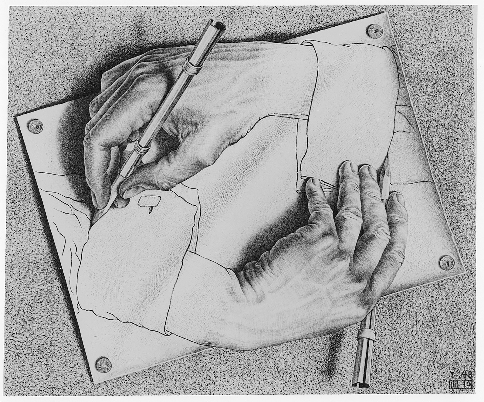 Illustration depicting two hands drawing each other on a piece of paper. The hand on the left holds a pencil, creating the outline of the hand on the right, which also holds a pencil. This artwork forms a visual paradox.