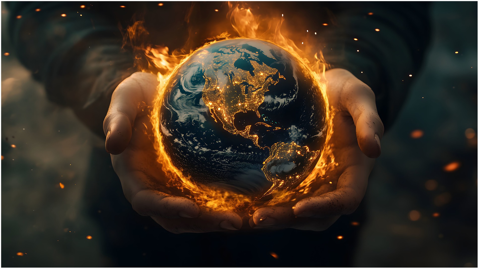 A digitally created image depicts hands holding a globe engulfed in flames, symbolising the Earth. The continents are illuminated, and fiery elements suggest themes of climate change or environmental crisis.