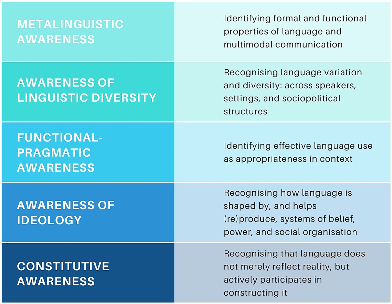 A chart displays five levels of linguistic awareness: Metalinguistic Awareness, Awareness of Linguistic Diversity, Functional Pragmatic Awareness, Awareness of Ideology, and Constitutive Awareness. Each category includes a brief description of its focus, such as identifying language properties, recognising diversity and variation, understanding language’s role in context, recognising the impact of ideology, and acknowledging language’s active role in constructing reality.