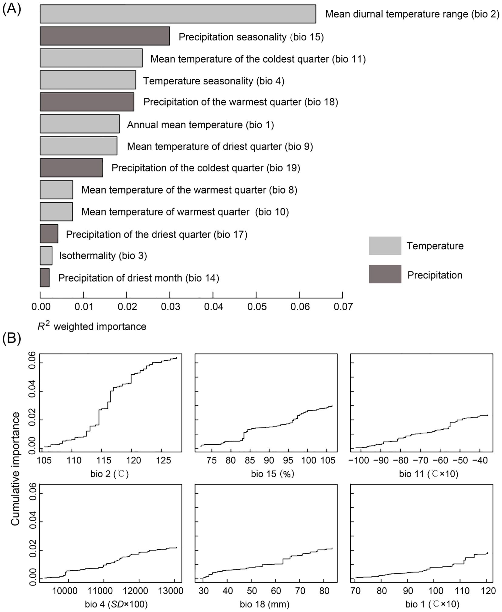 Bar graph (A) shows the R-squared weighted importance of various climatic factors, with mean diurnal temperature range (bio 2) being the highest. Line graphs (B) depict the cumulative importance of five selected bioclimatic variables, including mean diurnal temperature range (bio 2) and precipitation seasonality (bio 15).