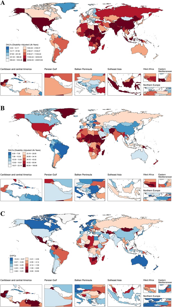 World maps showing varying Disability-Adjusted Life Years (DALYs) and Estimated Annual Percent Change (EAPC) by region. Panel A shows DALYs with a scale from light blue (lower values) to dark red (higher values). Panel B illustrates a similar scale for different DALYs data. Panel C depicts EAPC with blue indicating decline and red indicating increase. Insets zoom into Caribbean, Persian Gulf, Balkan Peninsula, Southeast Asia, West Africa, Eastern Mediterranean, and Northern Europe for detailed views.