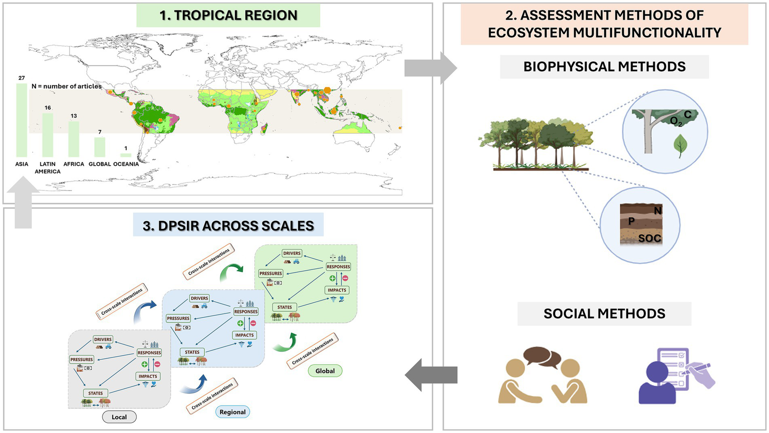 Map showing the distribution of articles in tropical regions, highlighting Asia, Latin America, Africa, Global, and Oceania. Biophysical methods include illustrations of trees and soil with chemical symbols. DPSIR framework diagrams across local, regional, and global scales depict interactions between drivers, pressures, states, impacts, and responses. Social methods are represented by icons of people discussing and taking notes.