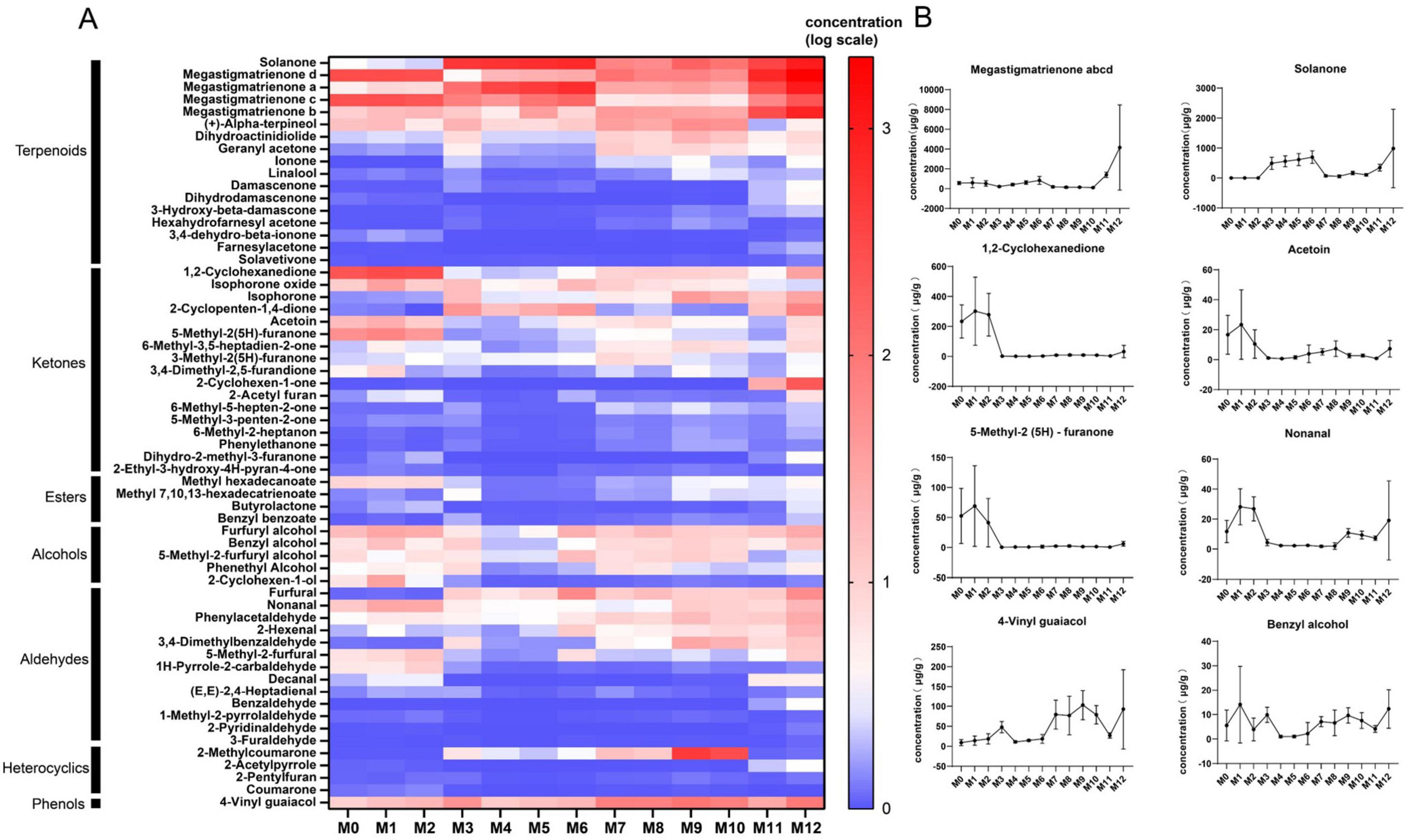 Heatmap and graphs depict the concentration of various compounds over time, categorized as terpenoids, ketones, esters, alcohols, aldehydes, heterocyclics, and phenols. The heatmap (left) shows concentration levels using a red-to-blue color scale. Graphs (right) provide detailed trends for specific compounds like solanone and acetoin with concentration on the y-axis and time on the x-axis.