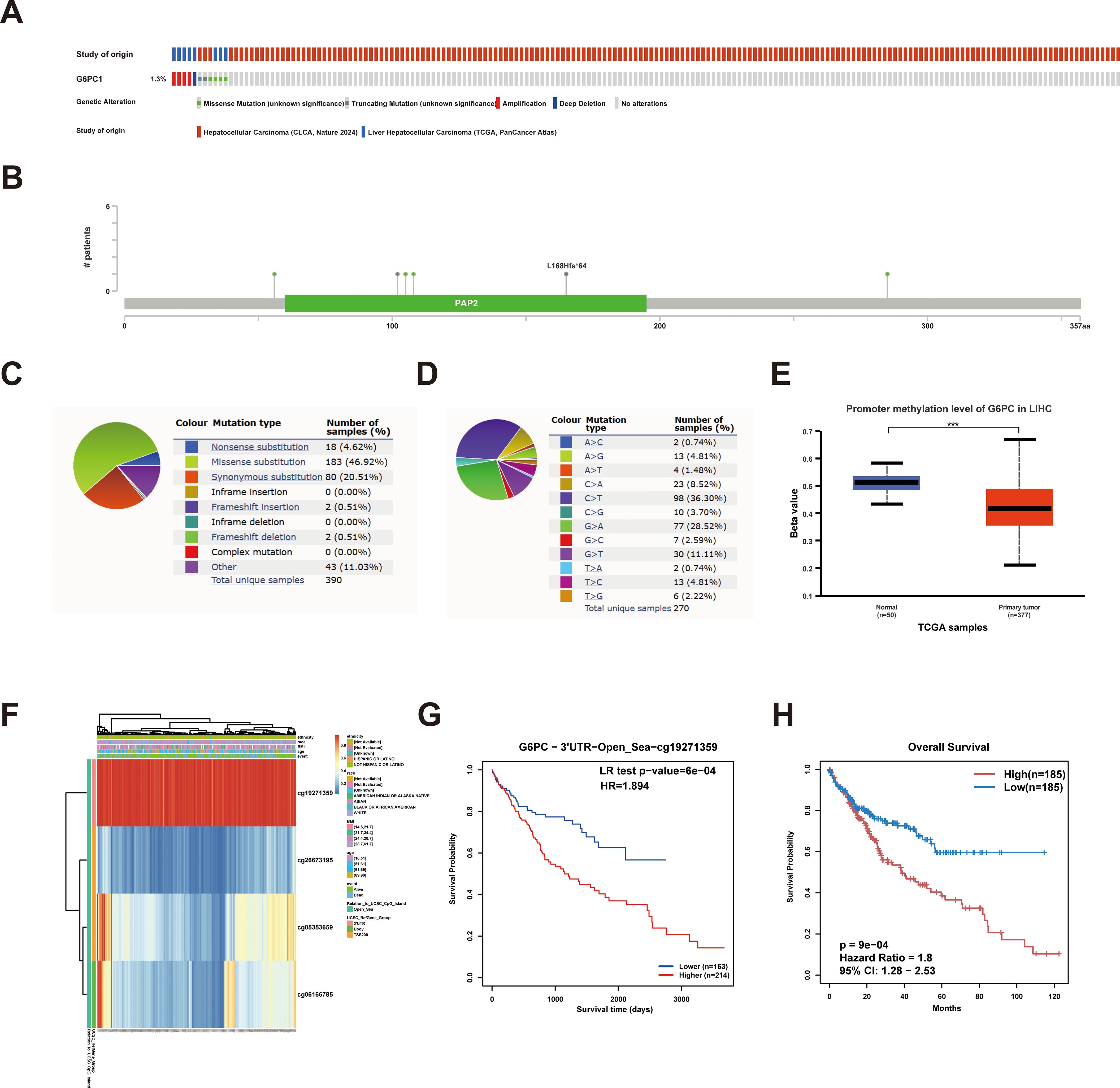 Panel A displays genetic alterations in G6PC1 across studies, highlighting mutations and amplifications. Panel B illustrates a gene diagram with mutations pinpointed. Panels C and D present pie charts of mutation types and occurrences. Panel E is a box plot comparing G6PC promoter methylation levels in normal versus tumor samples. Panel F shows a heatmap of methylation profiles. Panel G is a survival probability graph related to G6PC methylation with significance details. Panel H depicts an overall survival curve differentiating groups with high and low G6PC expression, showing statistical analysis outcomes.