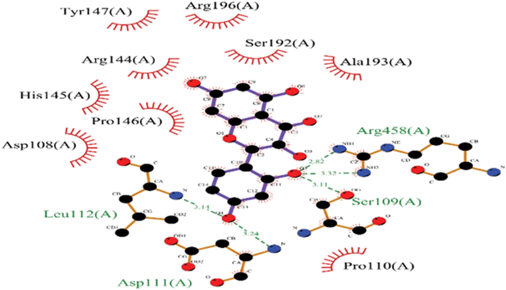 Molecular diagram showing interactions between an organic compound and amino acid residues. Key residues include Asp108, Leu112, Asp111, Ser109, and Arg458. Hydrogen bonds, indicated by dashed lines, are present between atoms. Red arcs with spokes represent unfavorable close contacts.
