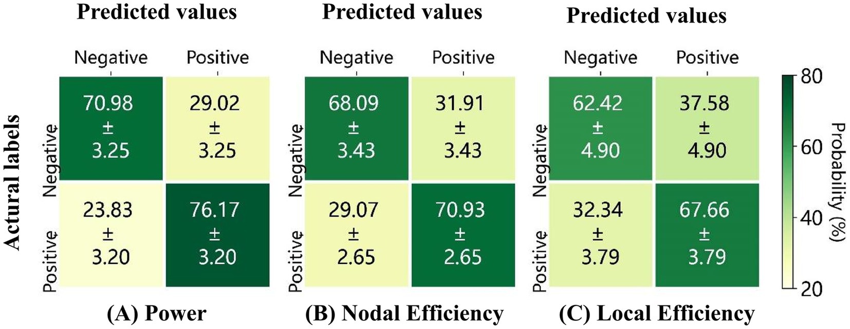 Confusion matrices comparing predicted and actual labels for three categories: (A) Power, (B) Nodal Efficiency, (C) Local Efficiency. Each matrix shows values for true negatives and false positives in the top row, and false negatives and true positives in the bottom row, with mean probabilities and standard deviations. The color gradient represents probability percentages from 20 to 80 percent.