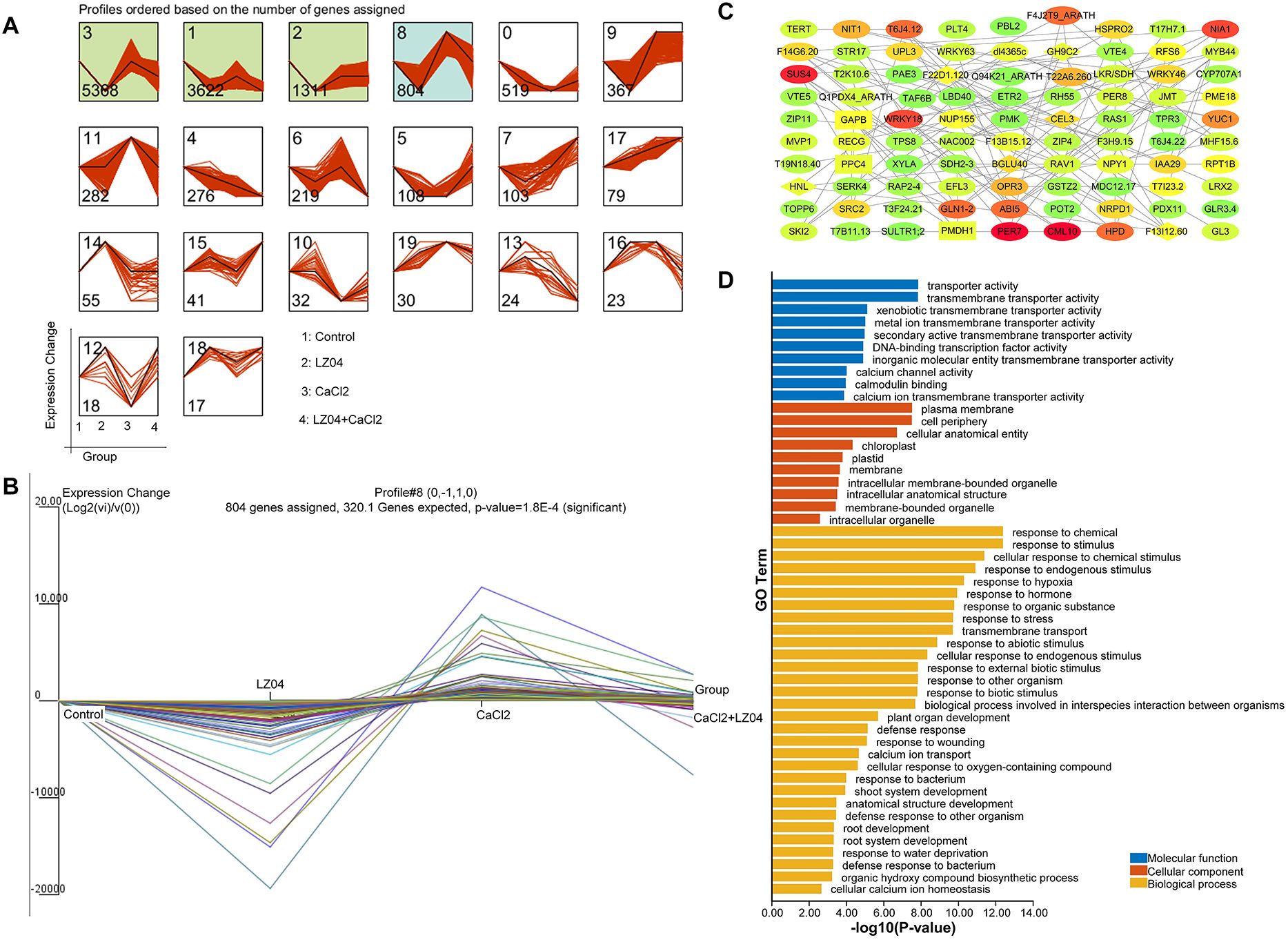 Multiple panels present gene expression profiles and gene ontology analysis: A. Line graphs display expression changes across four experimental groups: Control, LZ04, CaCl2, and LZ04 + CaCl2. B. A line graph shows the expression change of 804 genes, highlighting significant changes with statistical details. C. A network diagram displays interactions among various labeled gene nodes. D. A bar chart categorizes gene ontology terms into molecular function, cellular component, and biological process, with significance indicated by the x-axis. Each section visualizes different aspects of genetic data analysis.