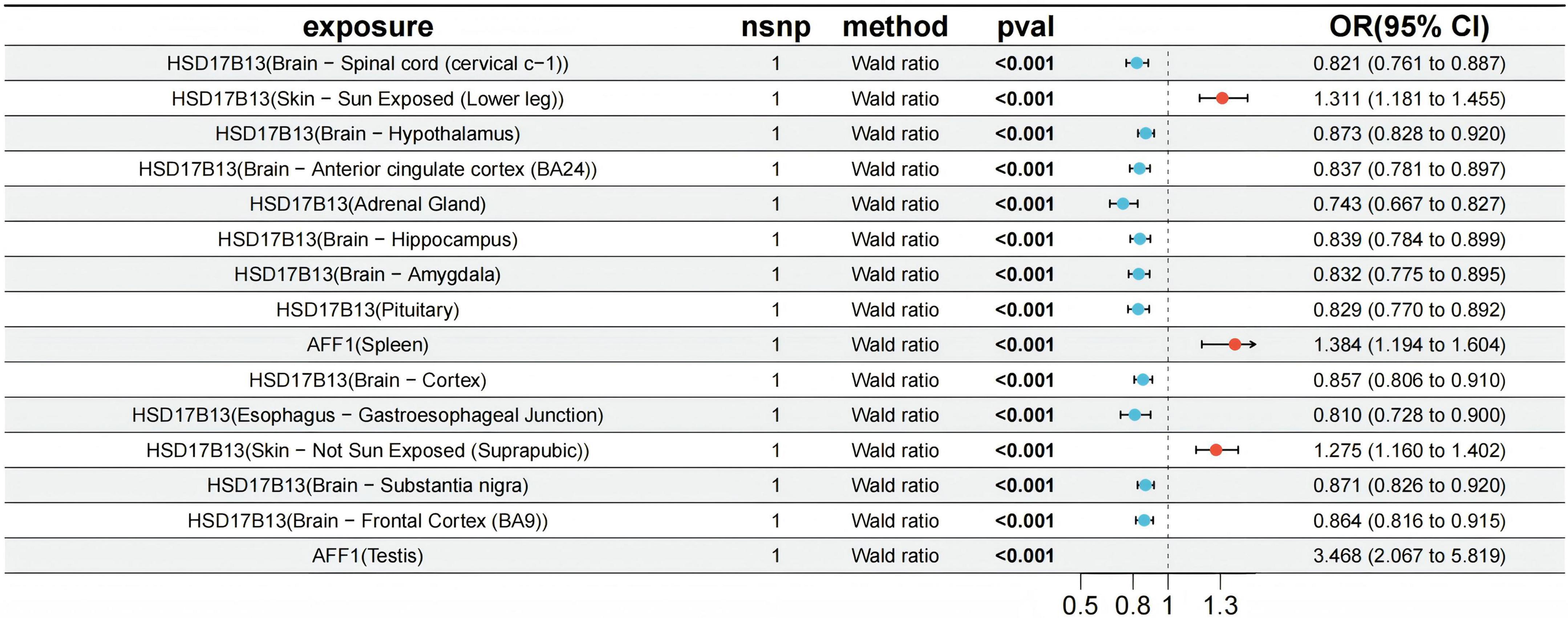 Table displaying odds ratios (OR) with 95% confidence intervals (CI) for various exposures related to HSD17B13 and AFF1. Each exposure has one single nucleotide polymorphism (nsnp) analyzed using the Wald ratio method. P-values are significant at less than 0.001 across all exposures. Forest plots illustrate ORs, with several exposures showing ORs below 1, while others are above 1, indicating varying levels of association strength. Significant exposures include spinal cord, skin, brain regions, adrenal gland, spleen, and testis. The OR values range from 0.821 to 3.468.