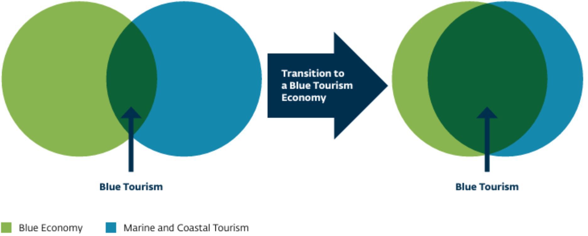 Venn diagram with two overlapping circles. The left circle represents the Blue Economy in green, and the right circle represents Marine and Coastal Tourism in blue. The overlap, labeled Blue Tourism, is shown with an arrow pointing right, transitioning to a Blue Tourism Economy.