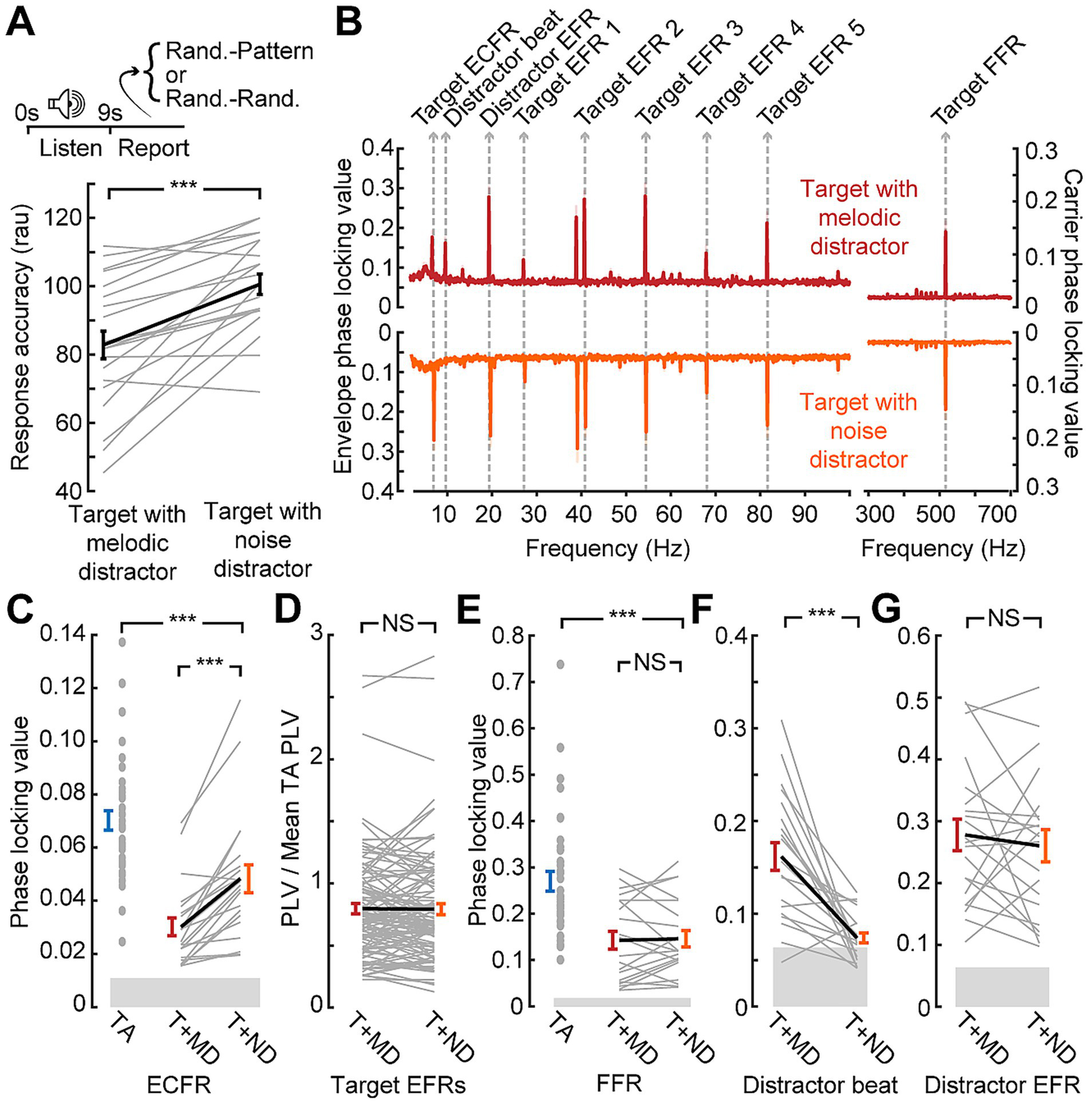 A set of graphs and plots examining auditory response and phase locking values. Panel A shows a graph with response accuracy against two different distractors. Panel B presents envelope and carrier phase locking values across various frequencies for targets with melodic and noise distractors. Panels C to G display bar plots comparing phase locking values across different conditions, highlighting significant differences and non-significant relationships. Statistical significance is denoted with asterisks.